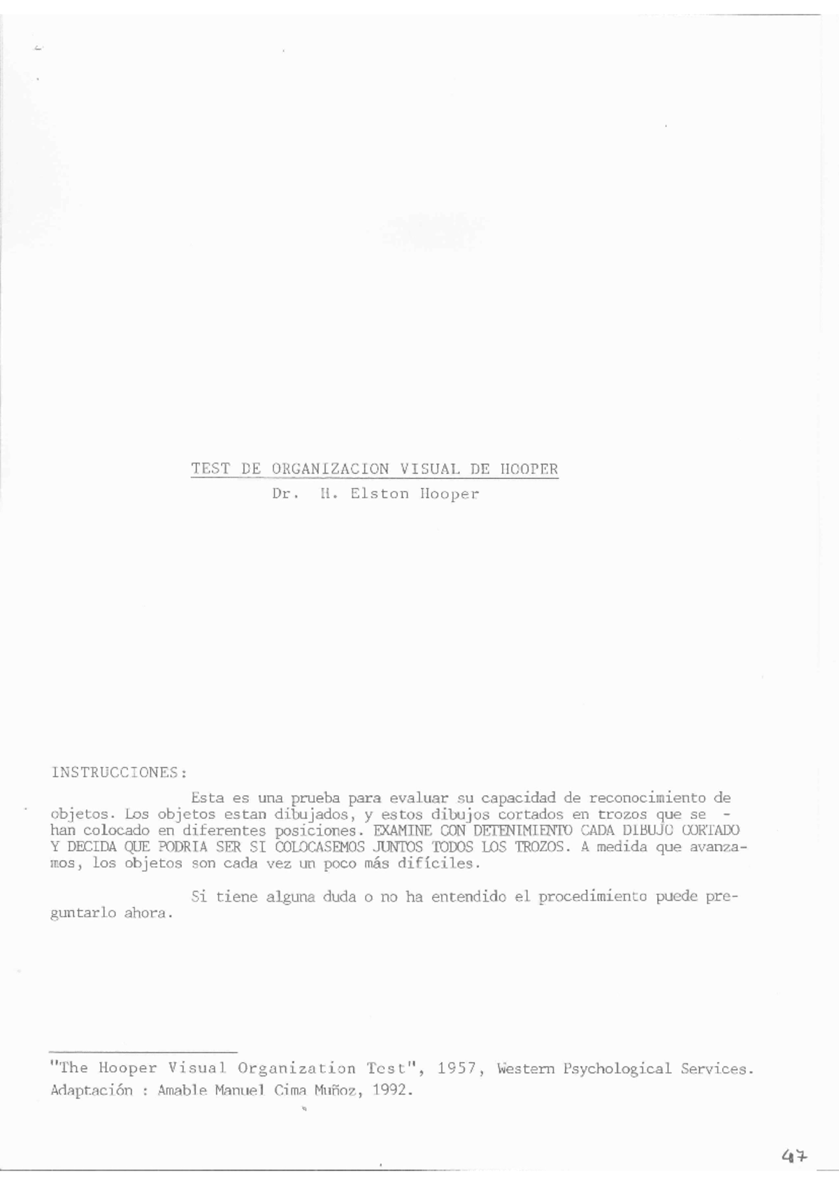 Test de Organización Visual de Hooper - Evaluación y Guía - Studocu