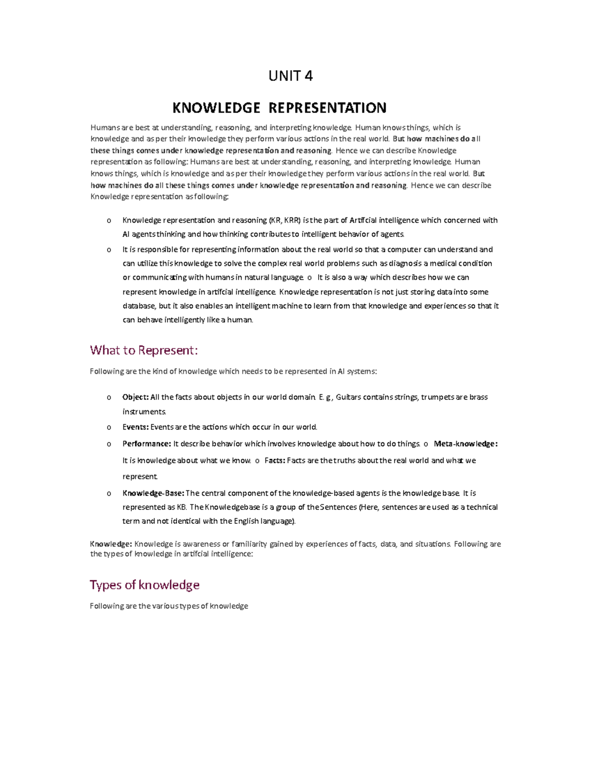 AI Notes: UNIT 4 - Knowledge Representation and Reasoning in AI - Studocu