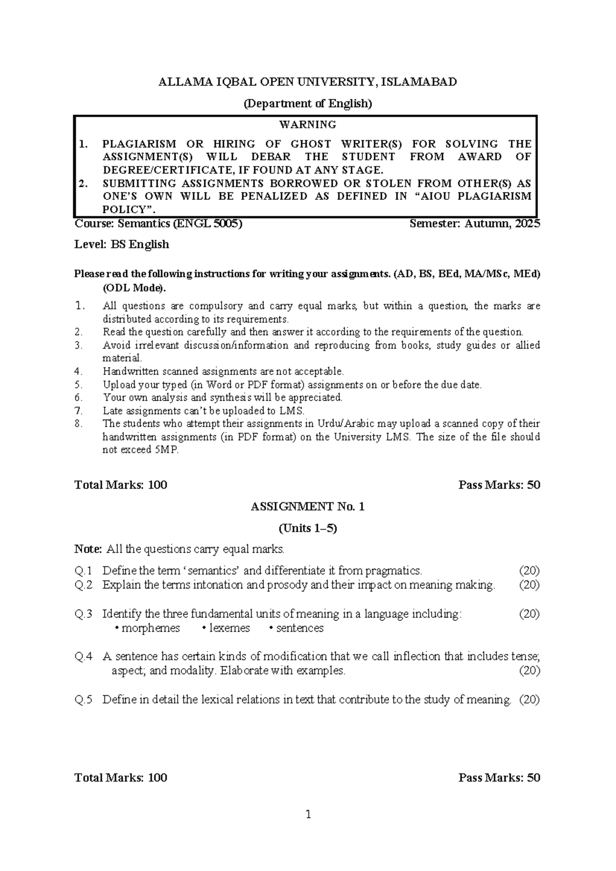 ENGL 5005 - Assignment Guidelines on Plagiarism and Semantics - Studocu