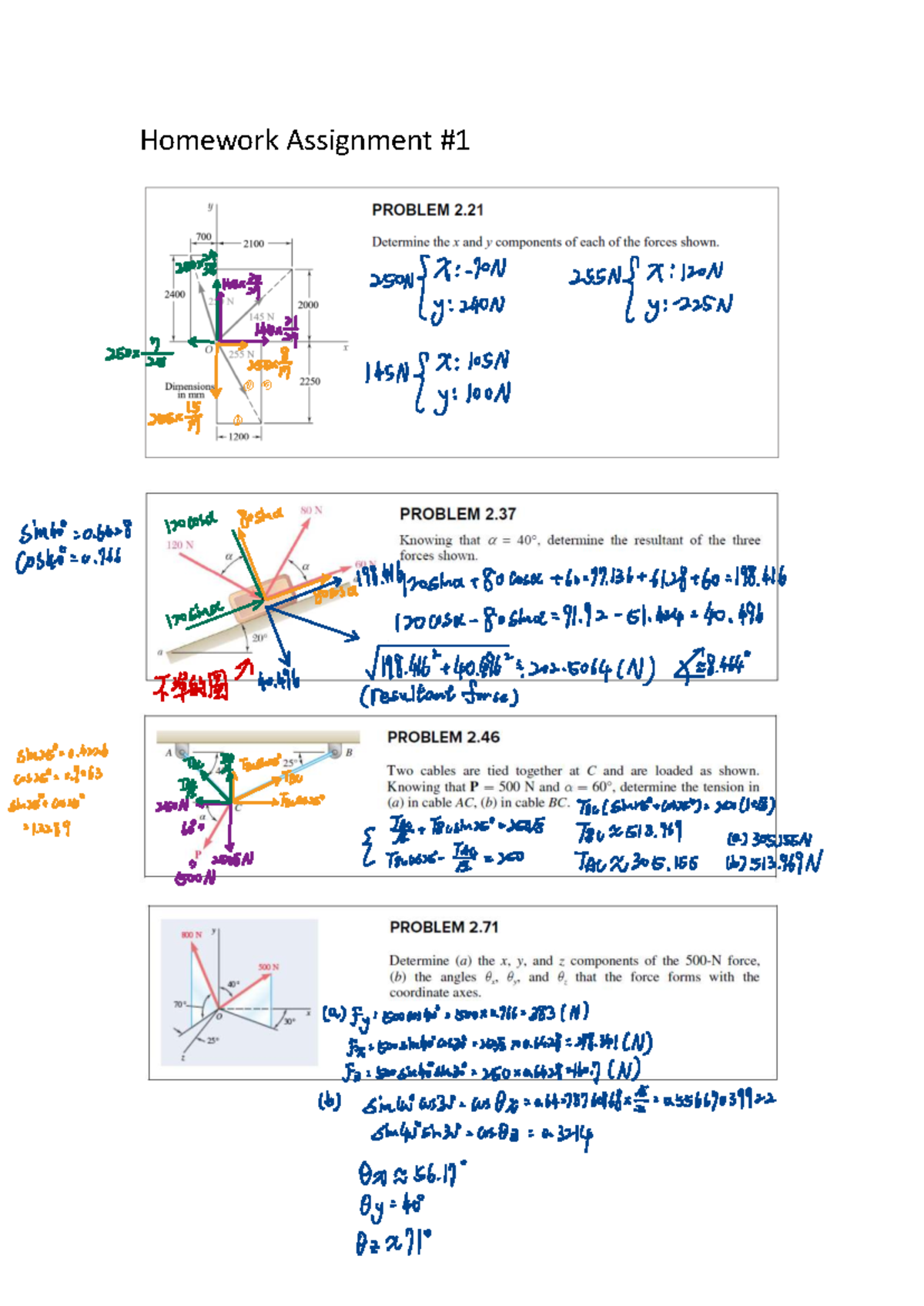 Homework Assignment for Statics 250R: Force Calculations and Analysis ...