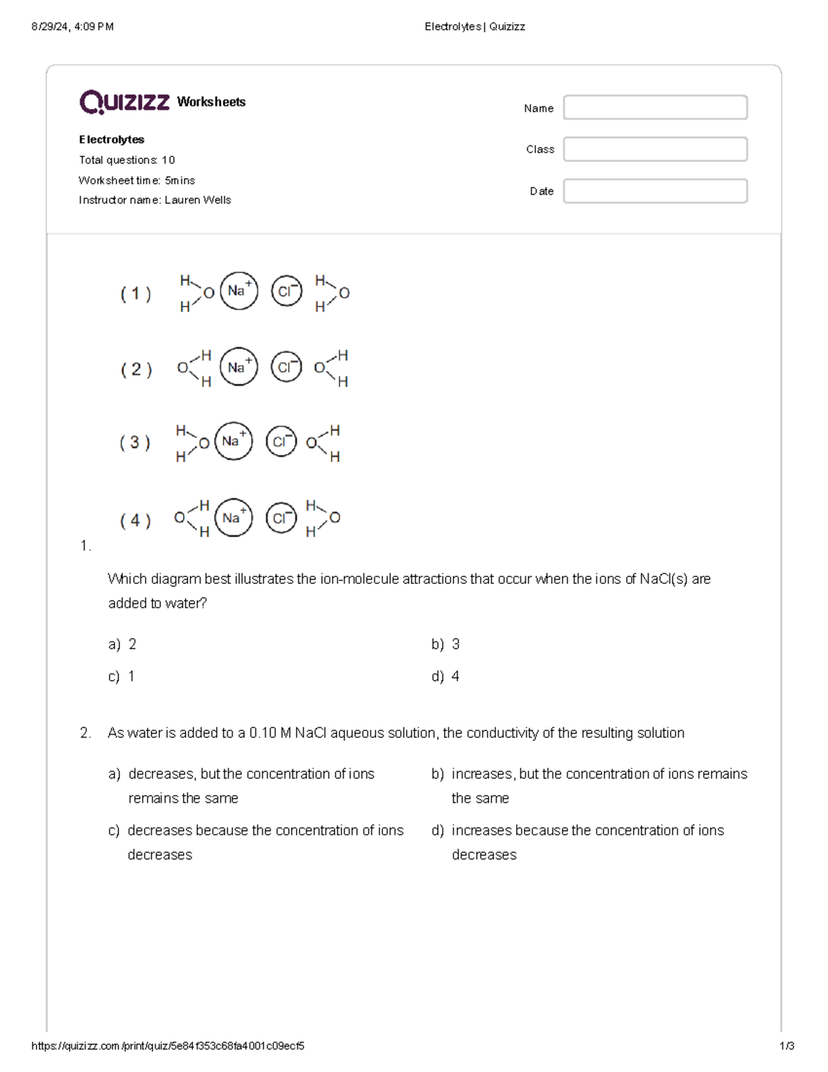 Electrolytes - Worksheets Electrolytes Total questions: 10 Worksheet ...