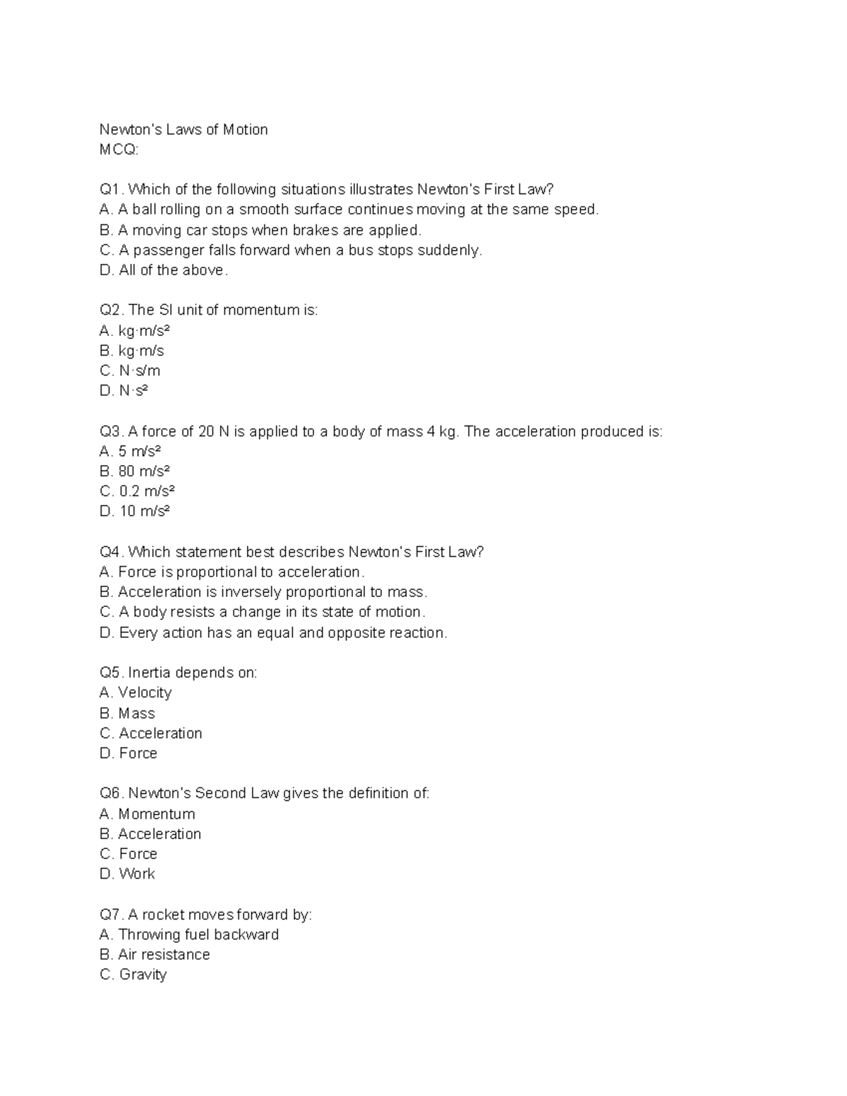 Newton's Laws of Motion MCQs and Assertion-Reason Questions - Studocu