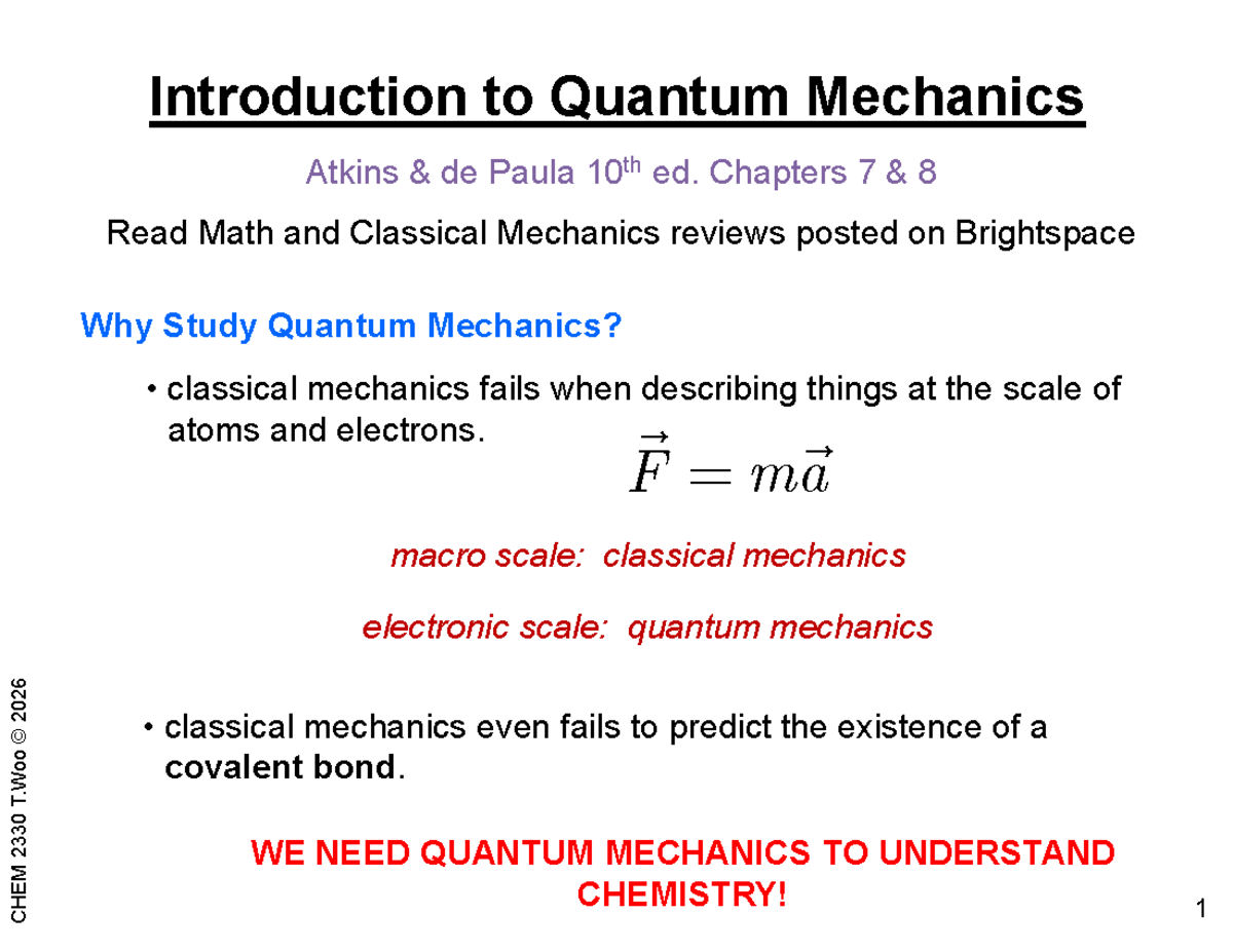 CHEM 2330 T.Woo 2026: Origins of Quantum Mechanics Overview - Studocu