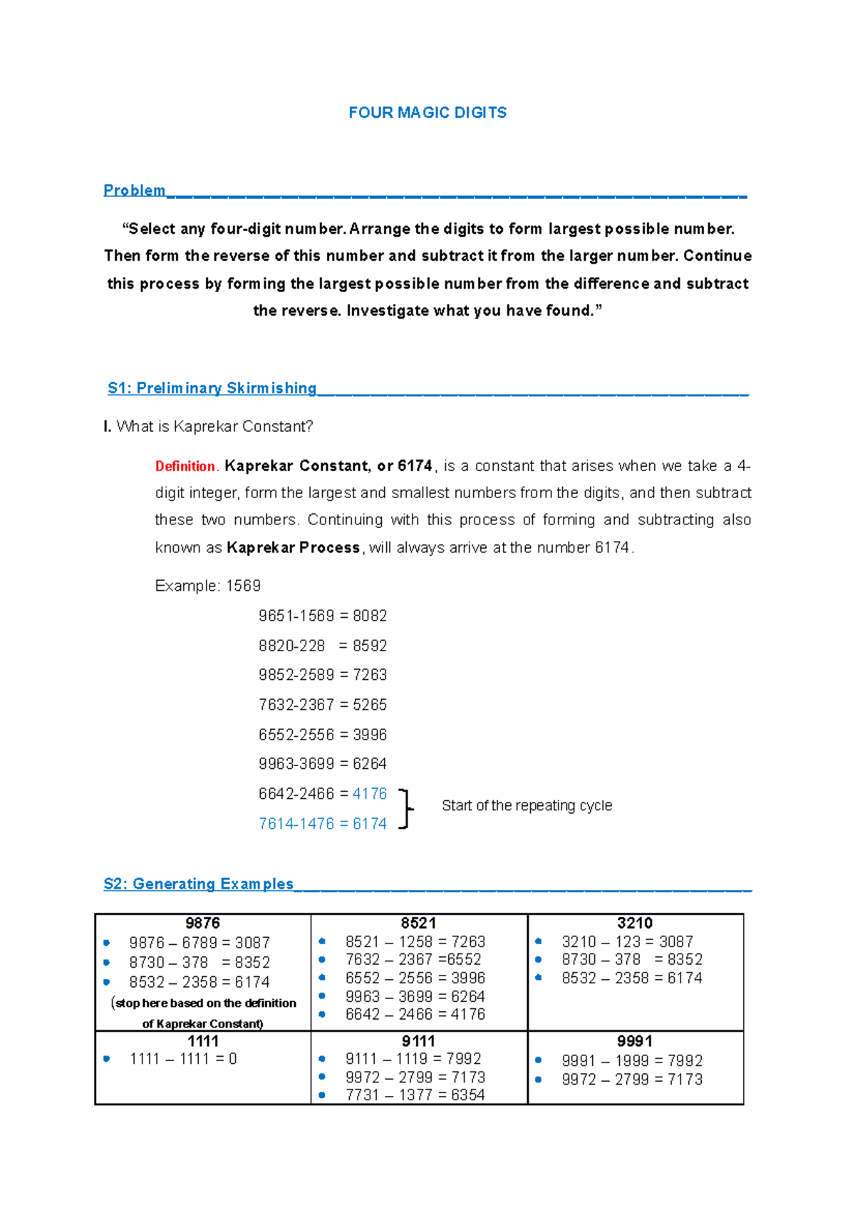 Mathematics of Investigation: Exploring Kaprekar's Constant (6174 ...