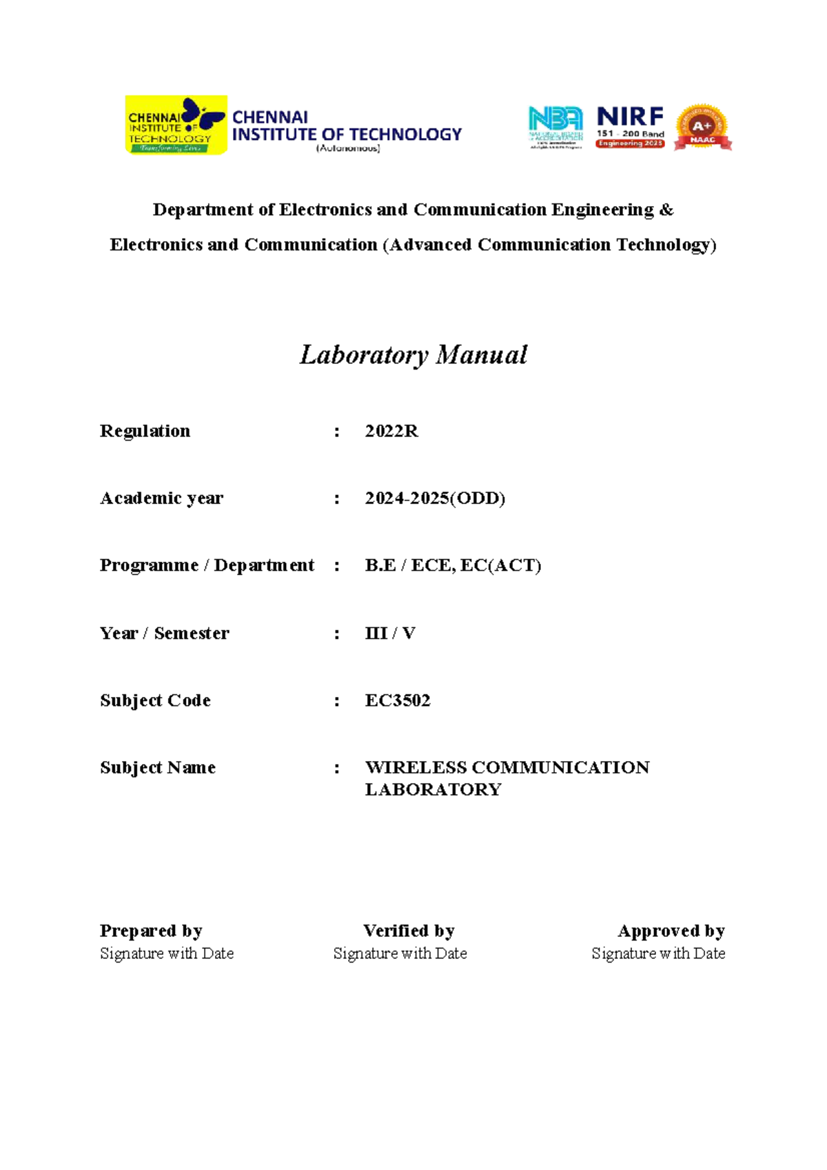 EC3502 Wireless Communication Lab Manual: Practical Exercises and ...