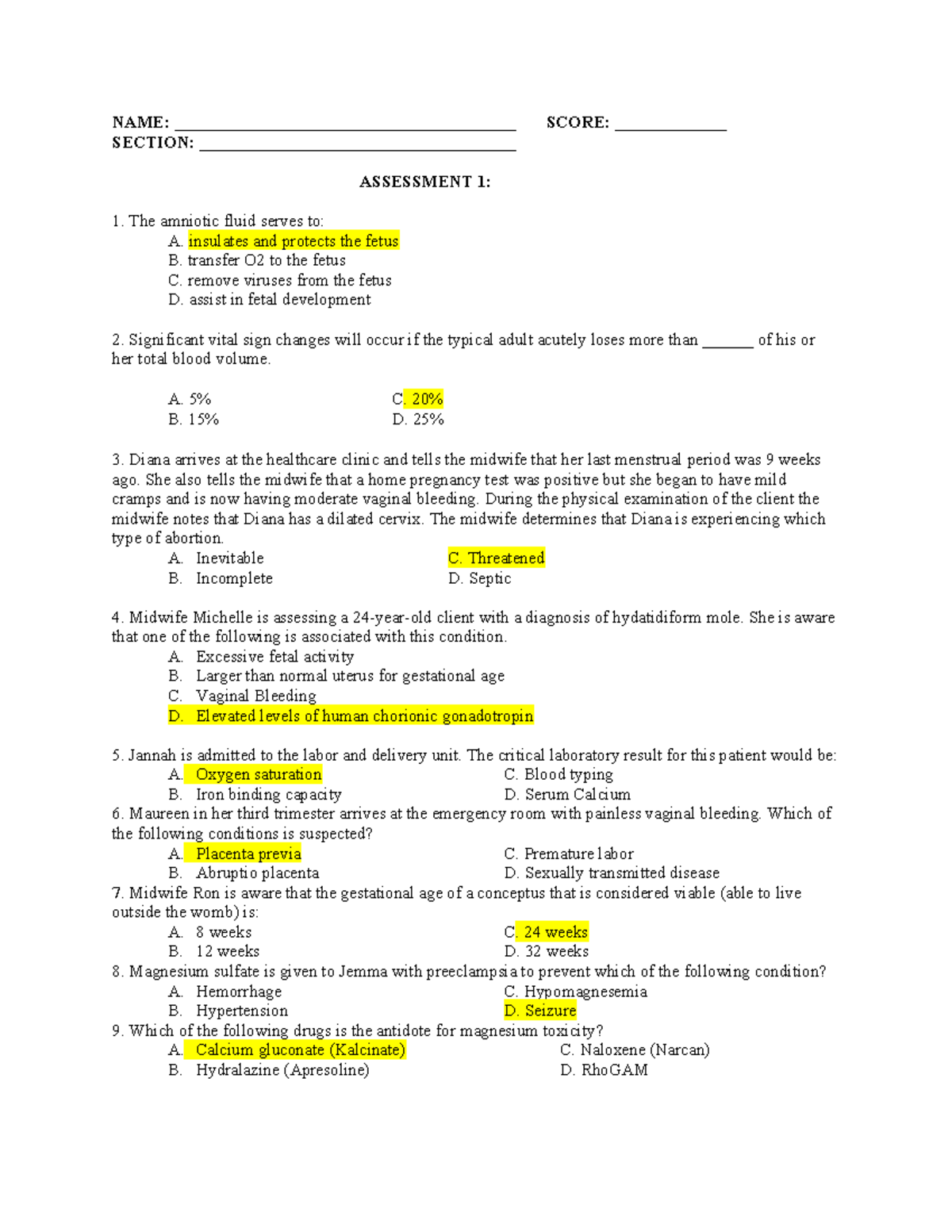 Assessment - OB Questions: Key Concepts for Midwifery Practice - Studocu