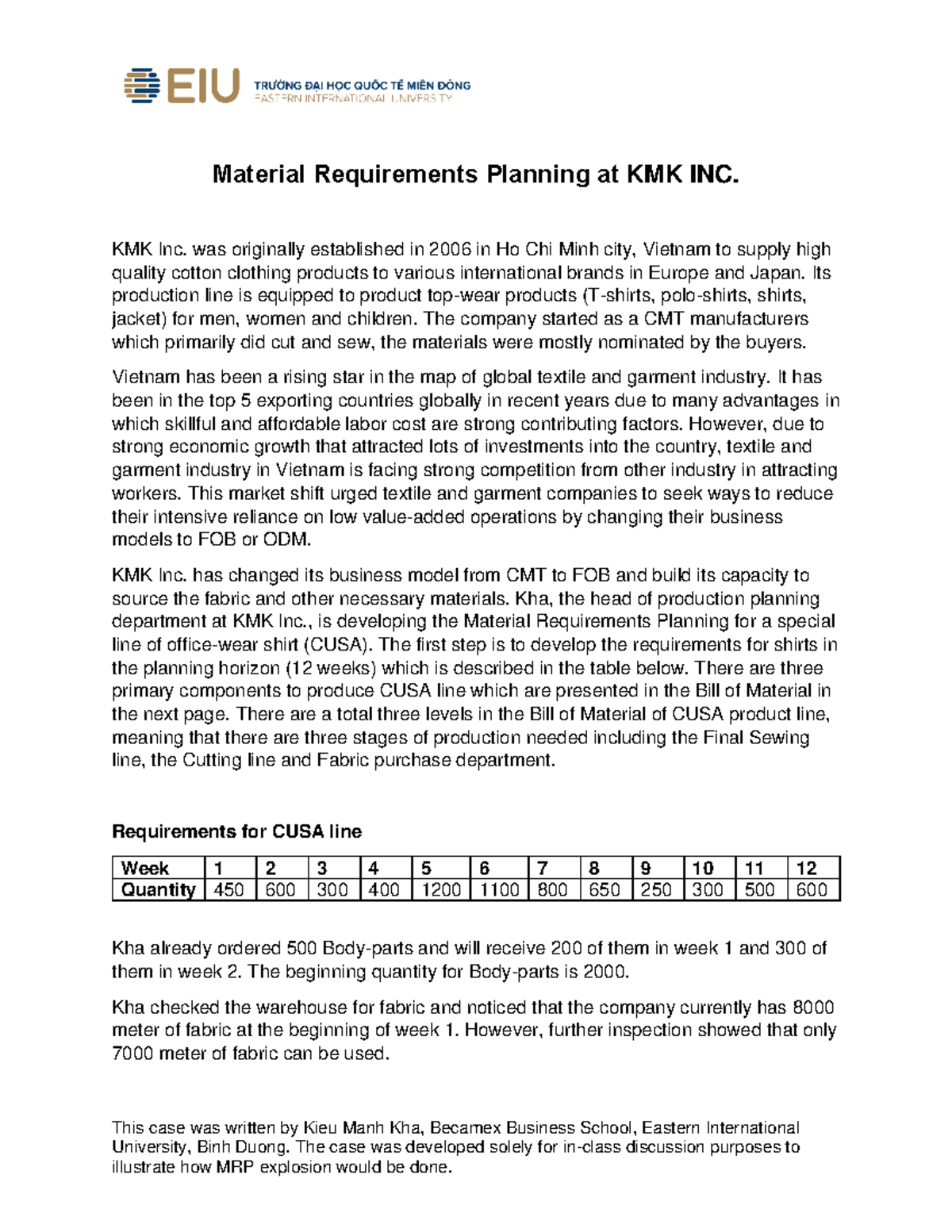 Material Requirements Planning at KMK INC. - This case was written by ...
