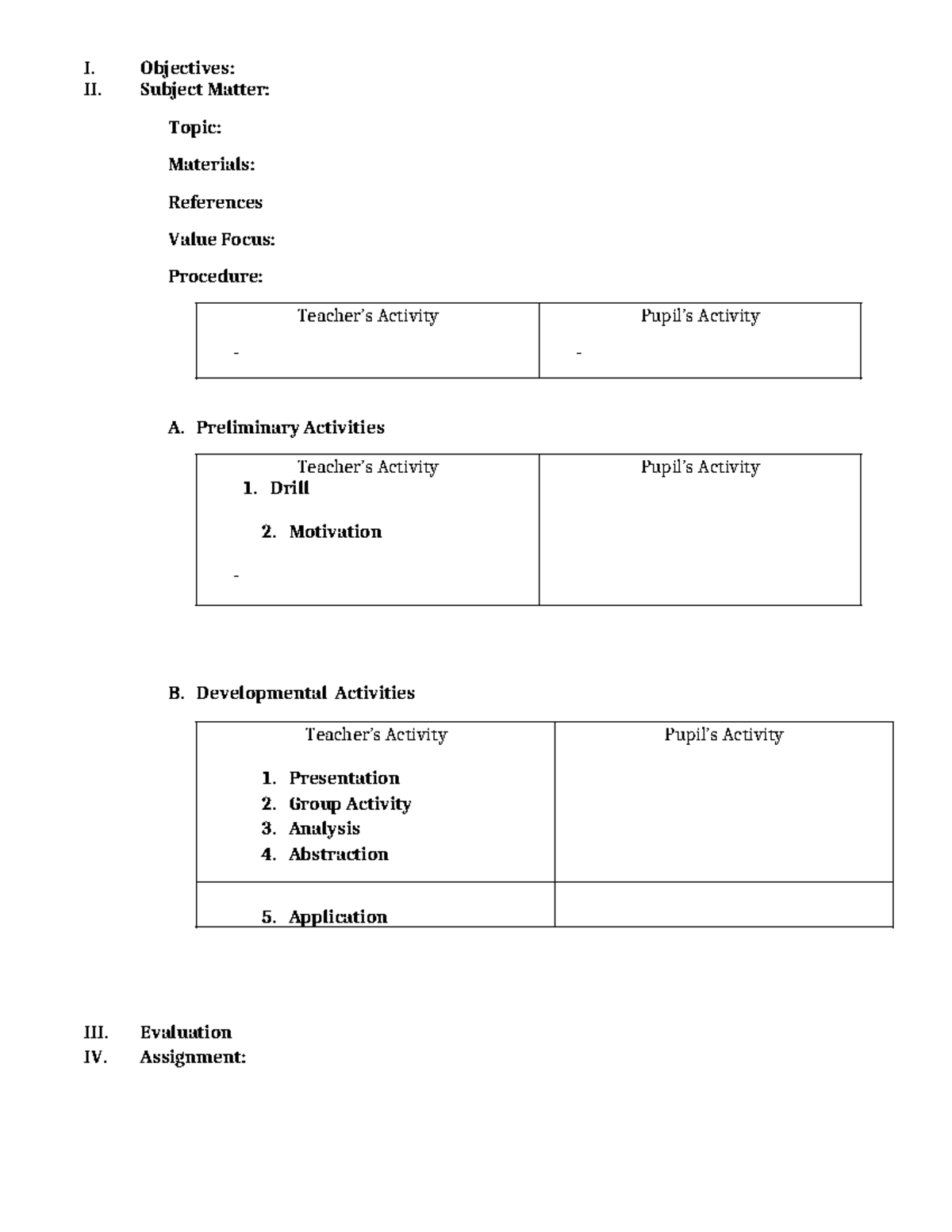 LP Format - Bachelor in Elementary Education - I. Objectives: II ...