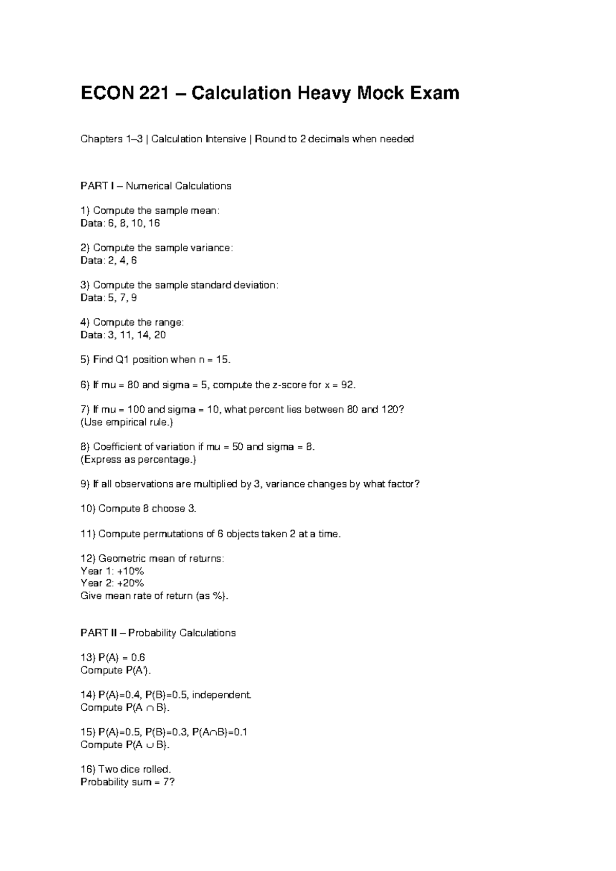 ECON 221 Calculation Heavy Mock Exam: Numerical & Probability Focus ...