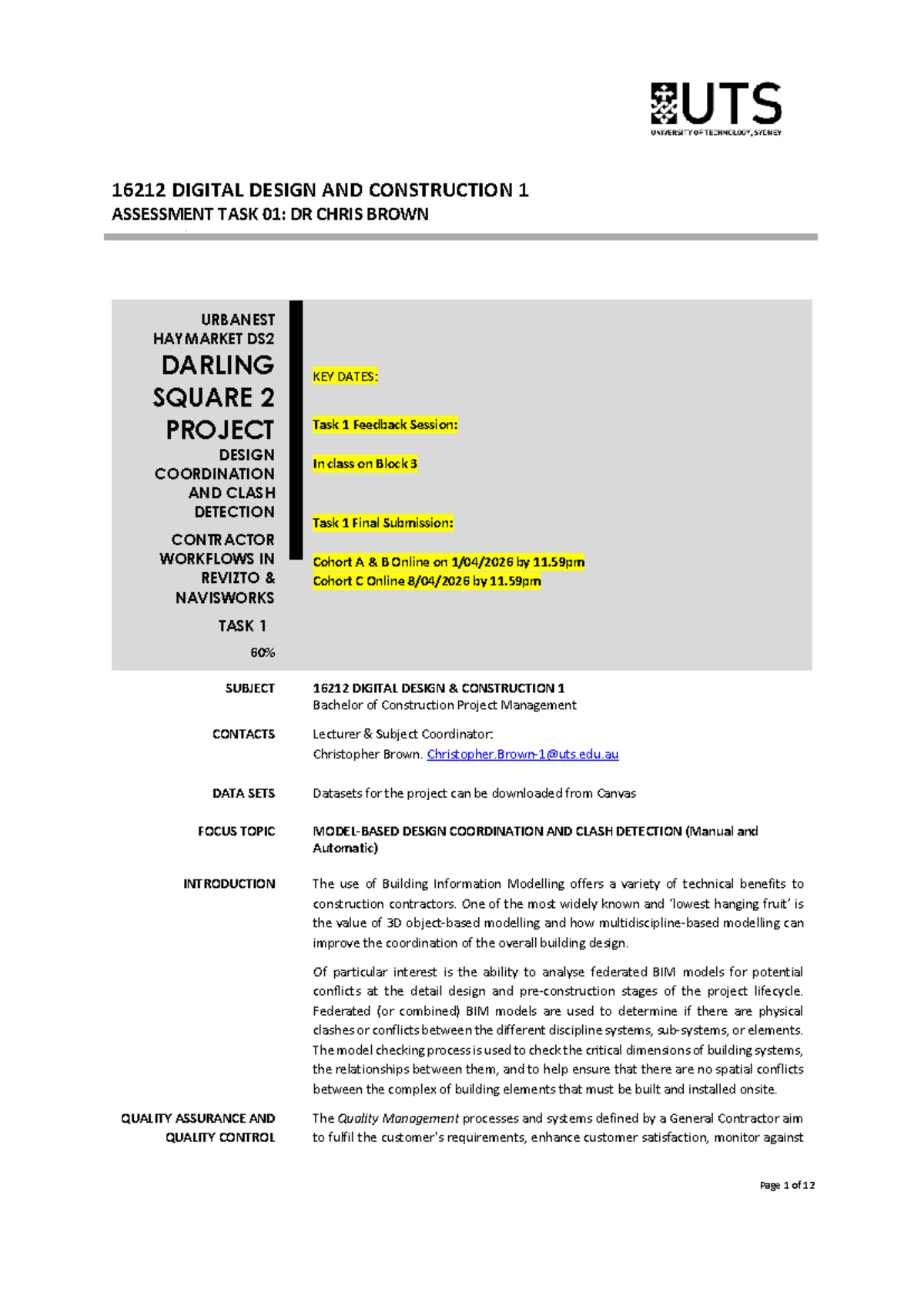 16212 DDC1 Assessment Task 01: Design Coordination & Clash Detection ...