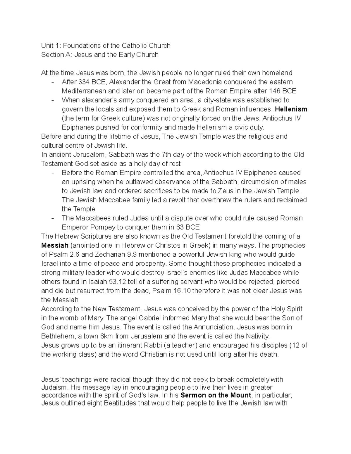 Catholic Studies Unit Notes: Foundations of the Catholic Church - Studocu