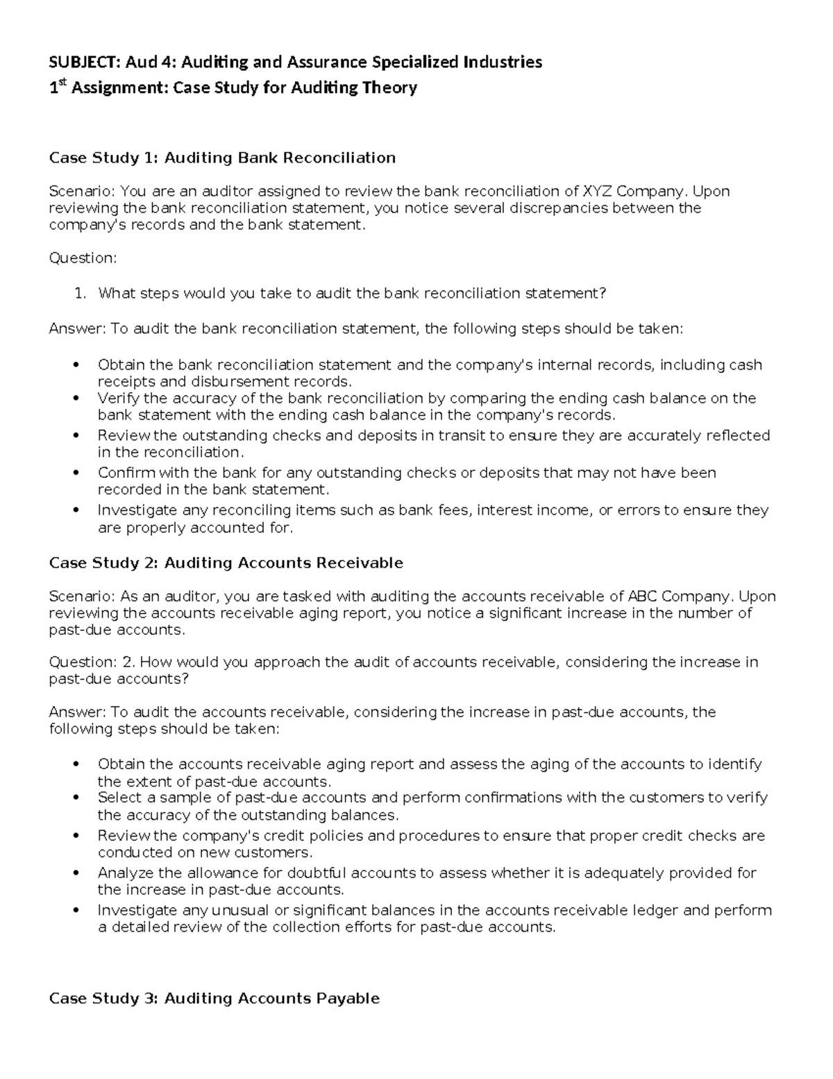1st Case Study Assignment 01: Auditing Specialized Industries - Studocu