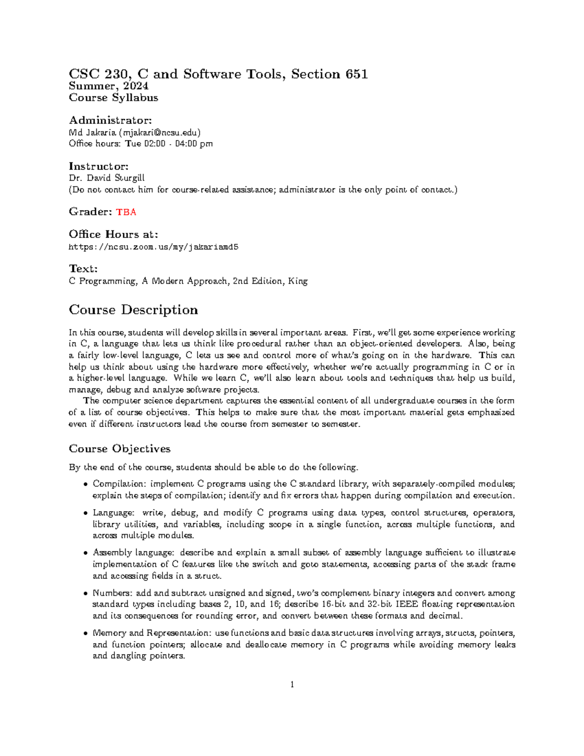 CSC 230 Summer 2024 - C Programming Course Syllabus - Studocu