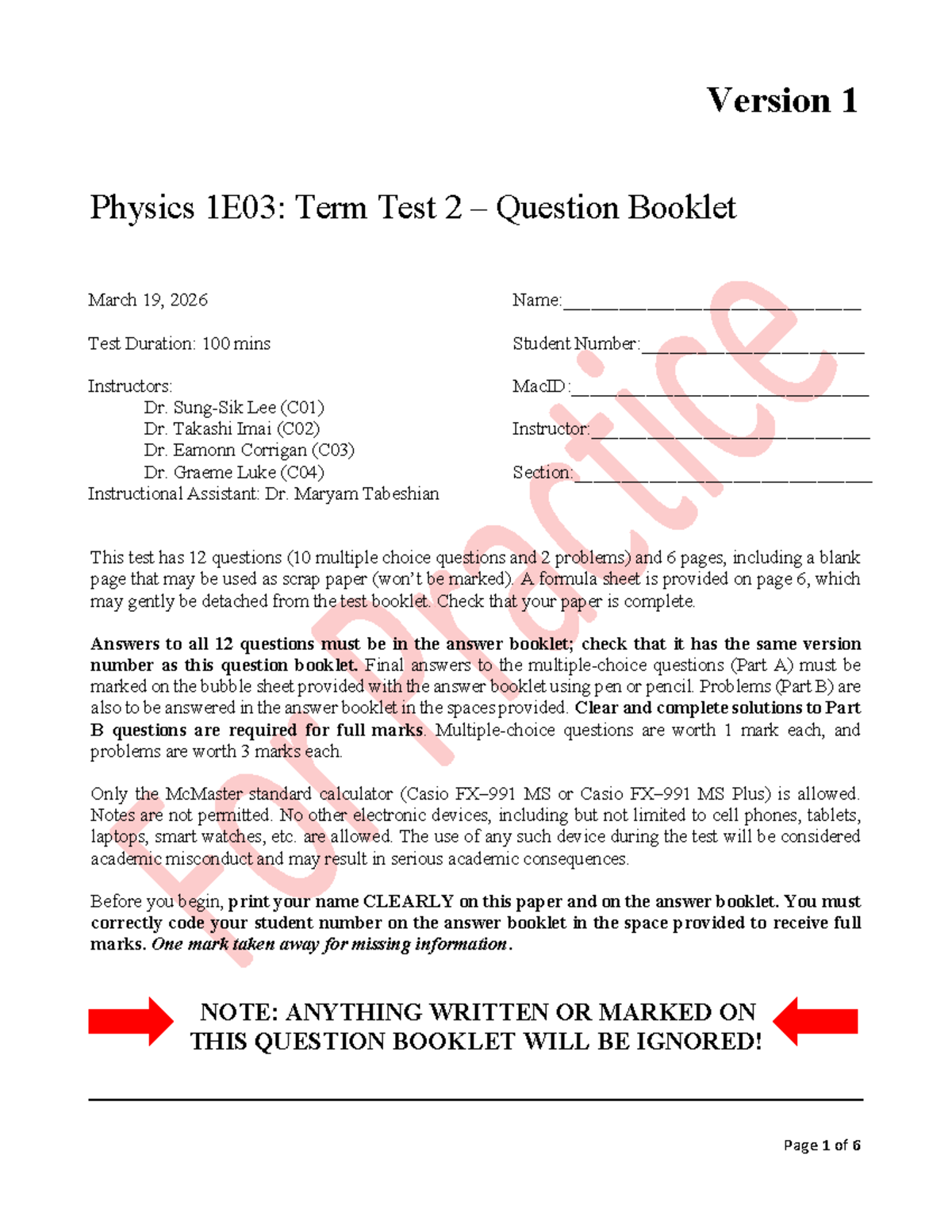 Physics 1E03: Term Test 2 Question Booklet (Version 1) - Studocu