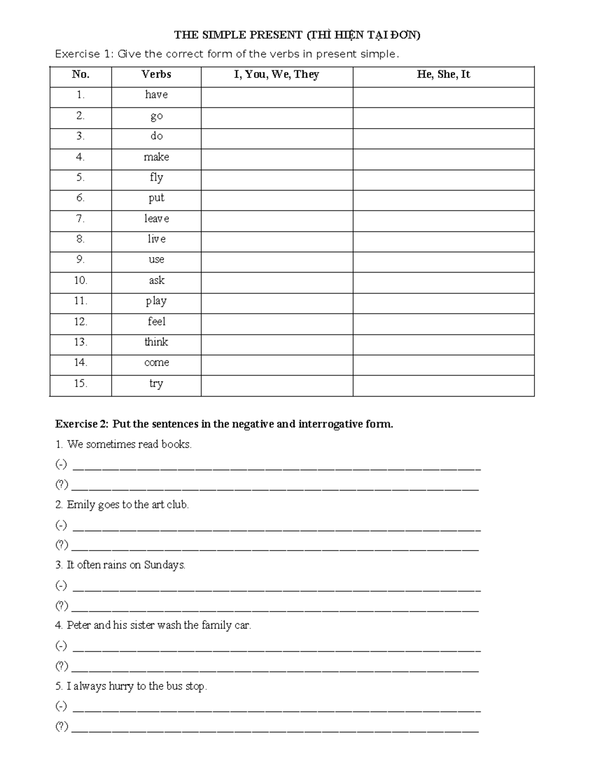 THE SIMPLE PRESENT (THÌ HIỆN TẠI ĐƠN) UNIT 1 G6 Exercises - Studocu