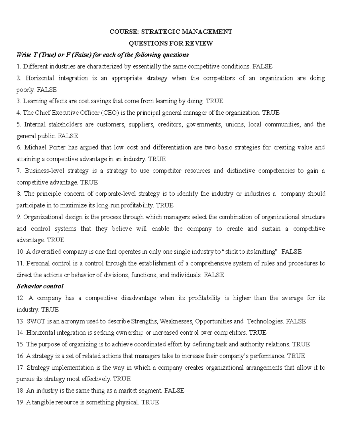Strategic Management Review Questions - QTCL - Studocu