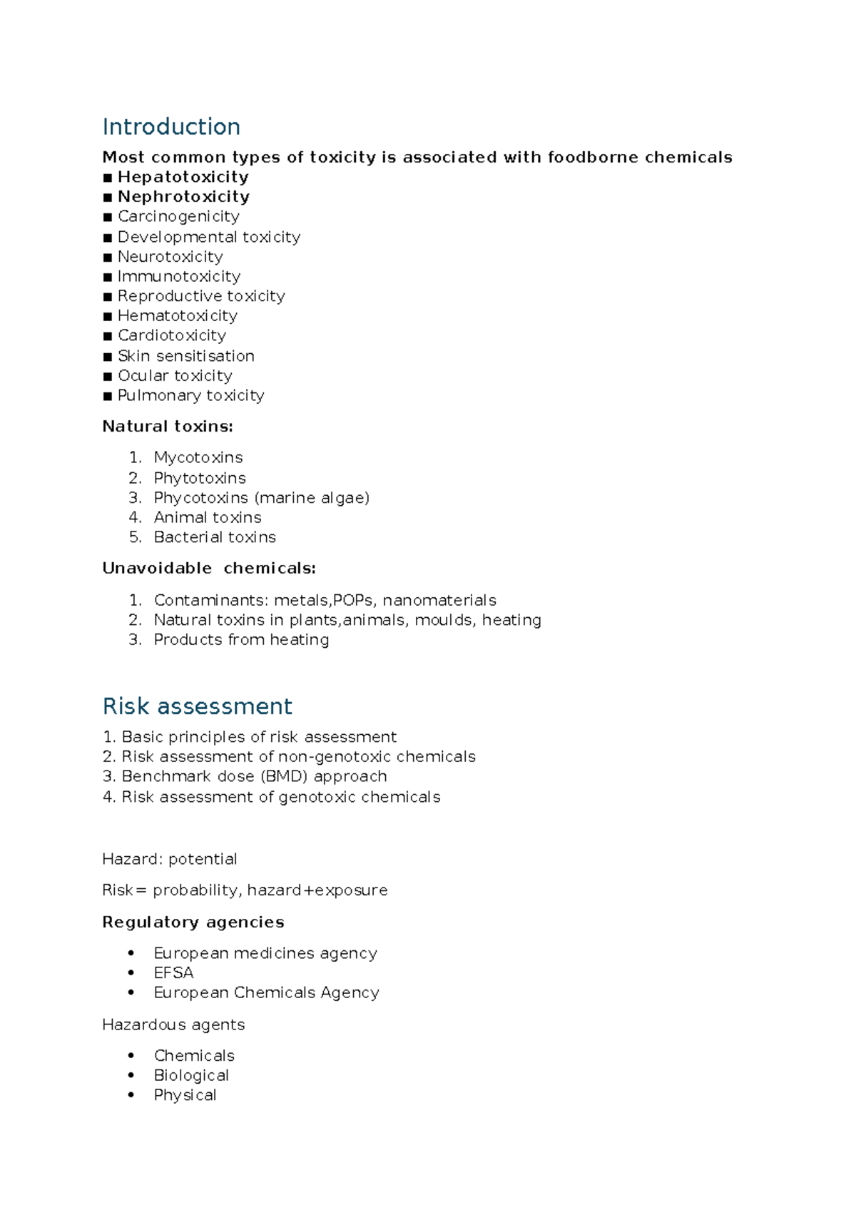 TOX30306 Lecture Summary: Foodborne Chemical Toxicity & Risk Assessment ...