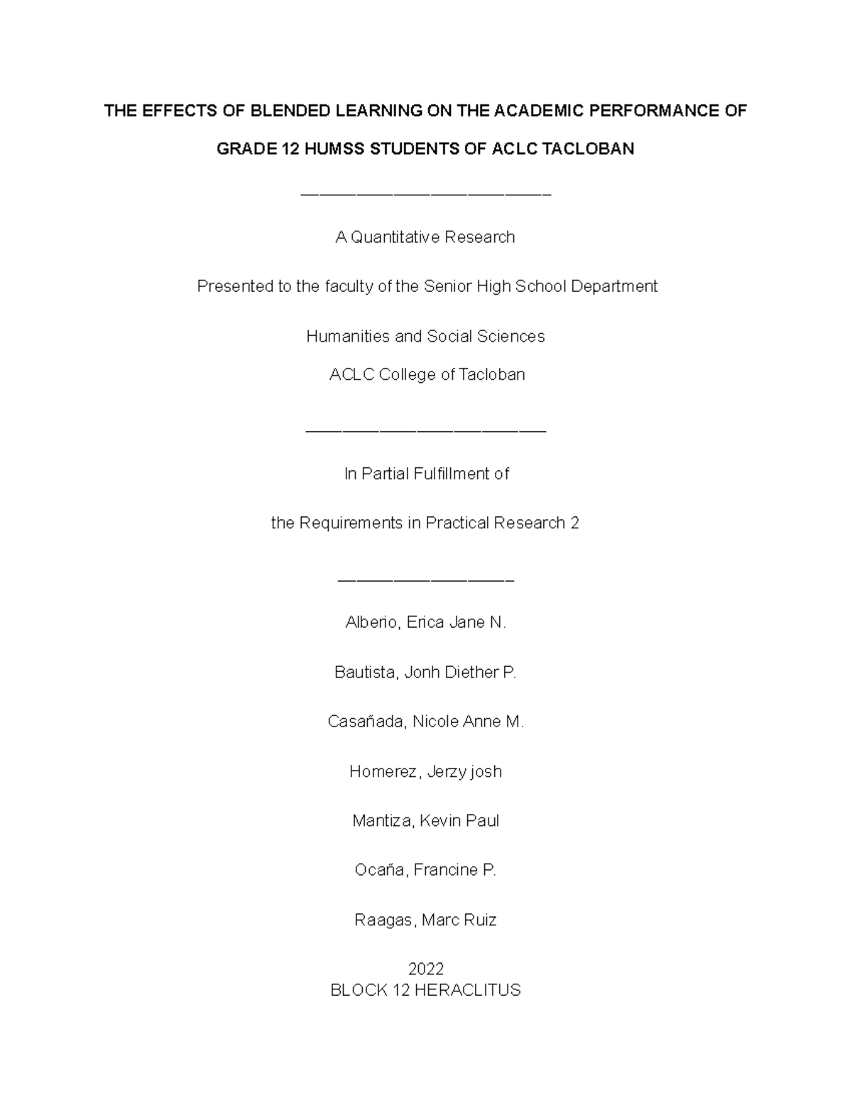 Effects of Blended Learning on Grade 12 HUMSS Students' Performance in ...