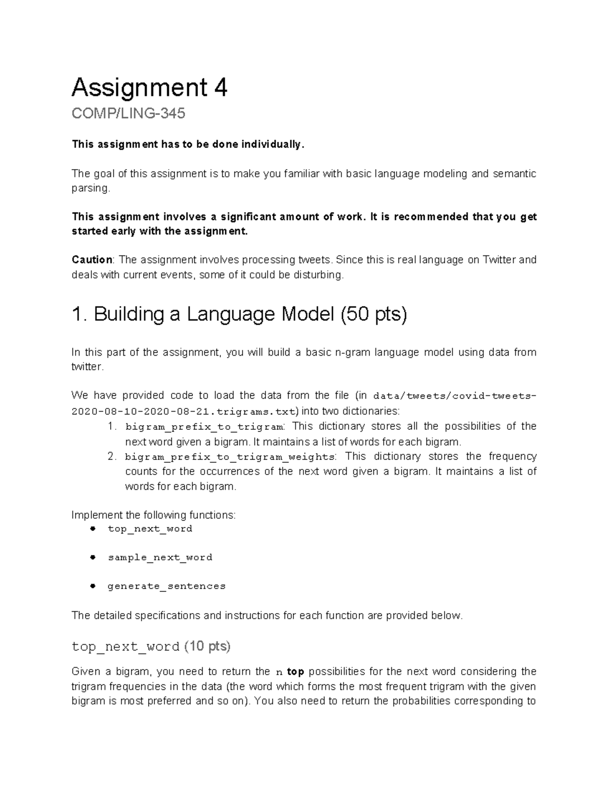 COMP LING 345 Assignment 4: Language Modeling & Semantic Parsing - Studocu