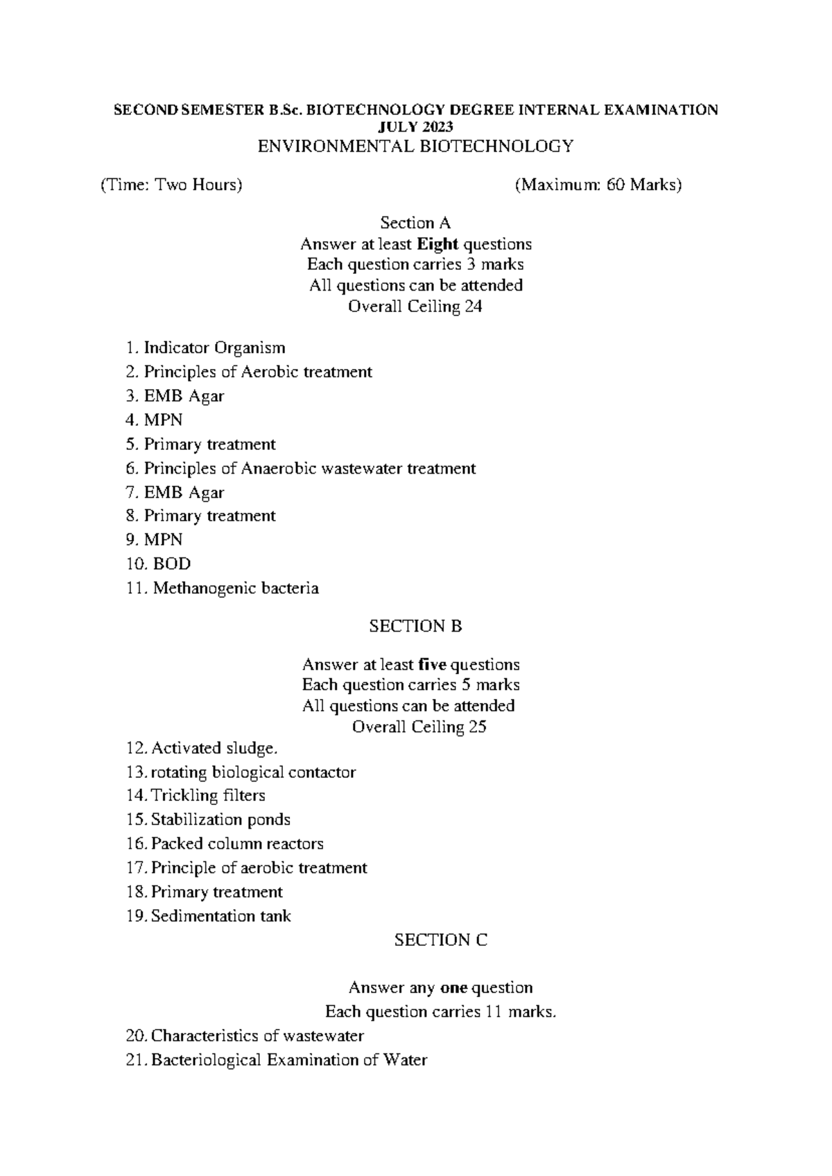 Internal Question Paper - SECOND SEMESTER B. BIOTECHNOLOGY DEGREE ...