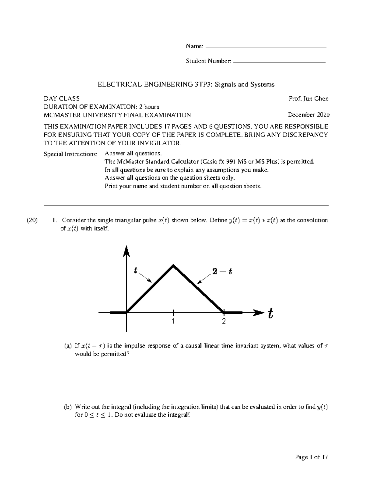 EE3TP3 Final Exam 2020: Signals and Systems Overview - Studocu