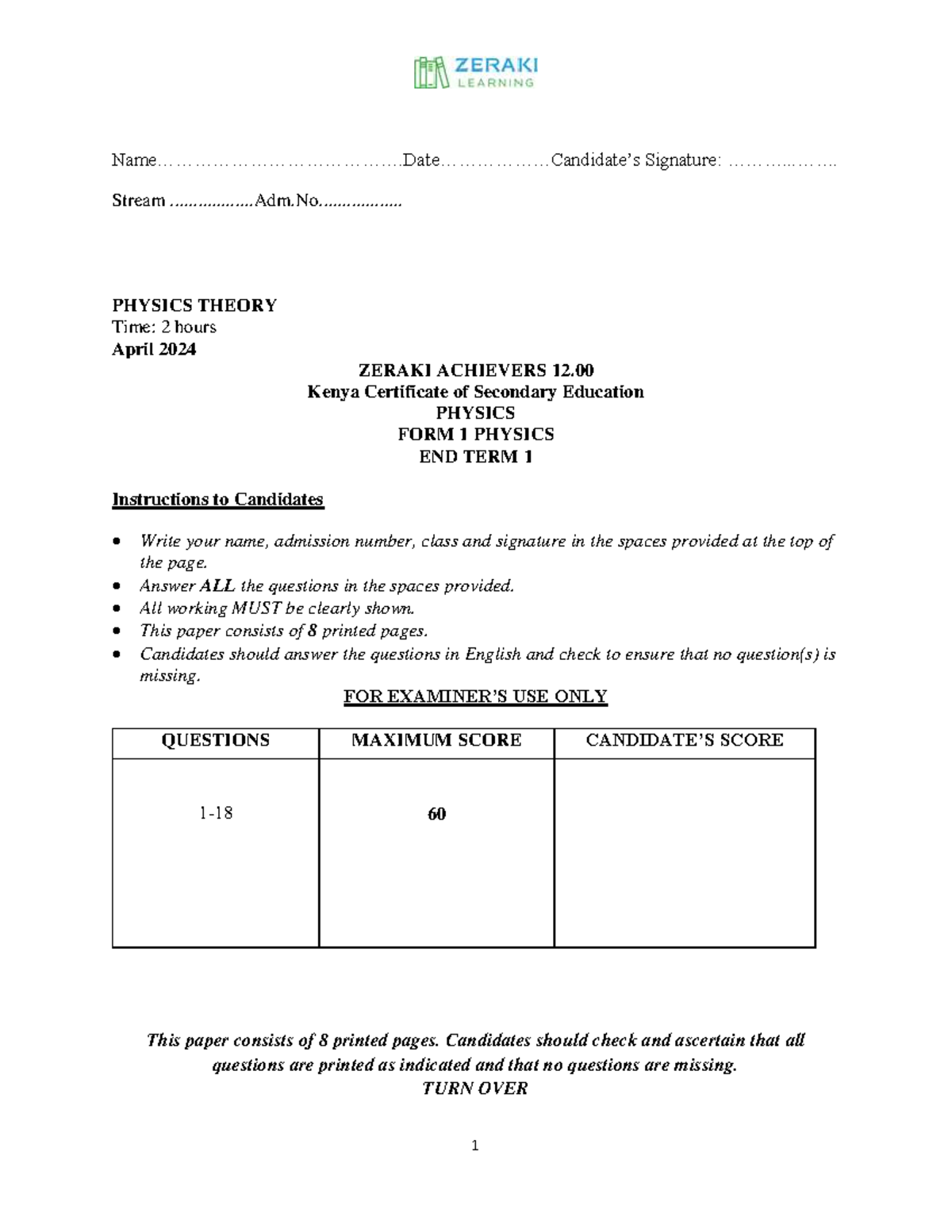 PHYSICS FORM 1 END TERM 1 EXAMINATION - April 2024 - Studocu