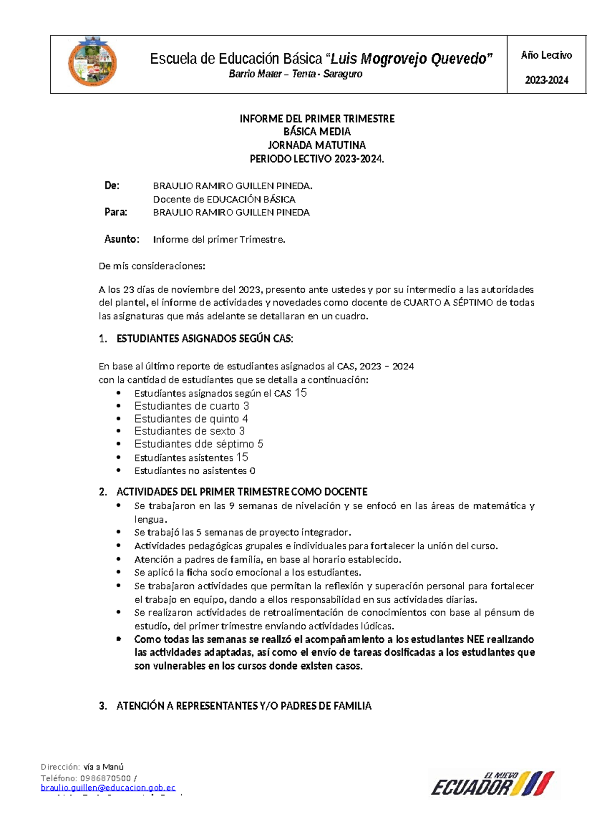 Informe del Primer Trimestre 2023-2024 - Escuela Luis Mogrovejo Quevedo ...