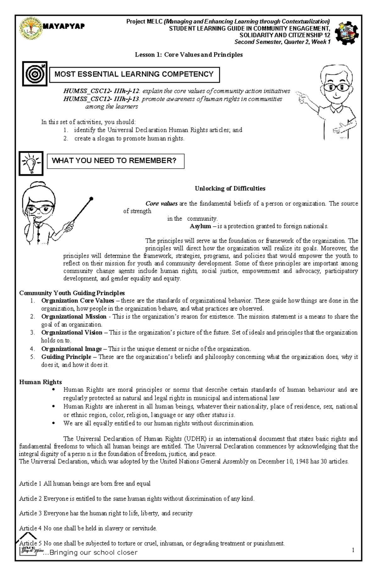 MELC C12: Community Engagement & Human Rights Lesson 1 Guide - Studocu