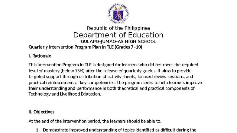 Quarterly Intervention Program Plan in TLE for Grades 7-10 - Studocu