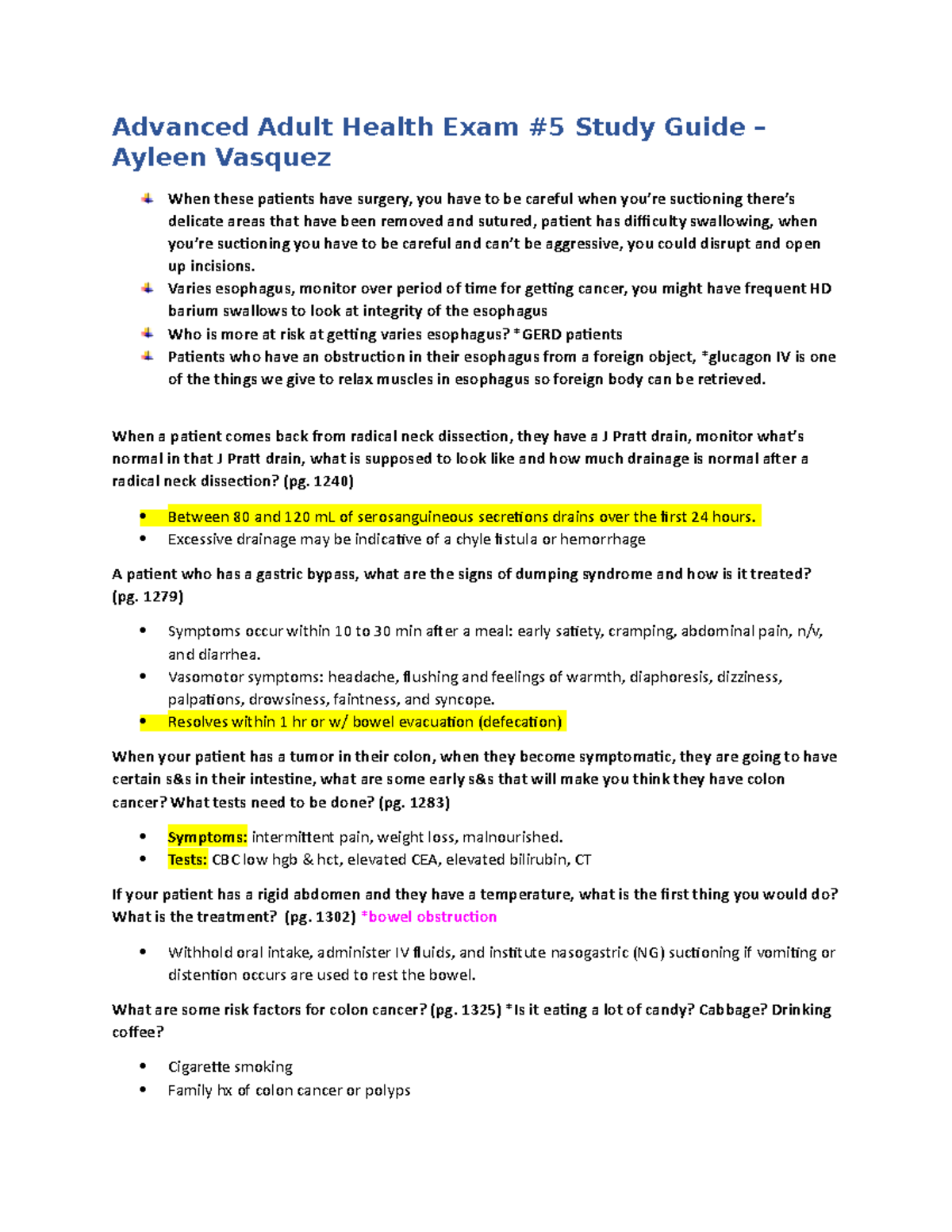 Advanced Adult Health Exam 5 Study Guide - Key Concepts & S/S - Studocu