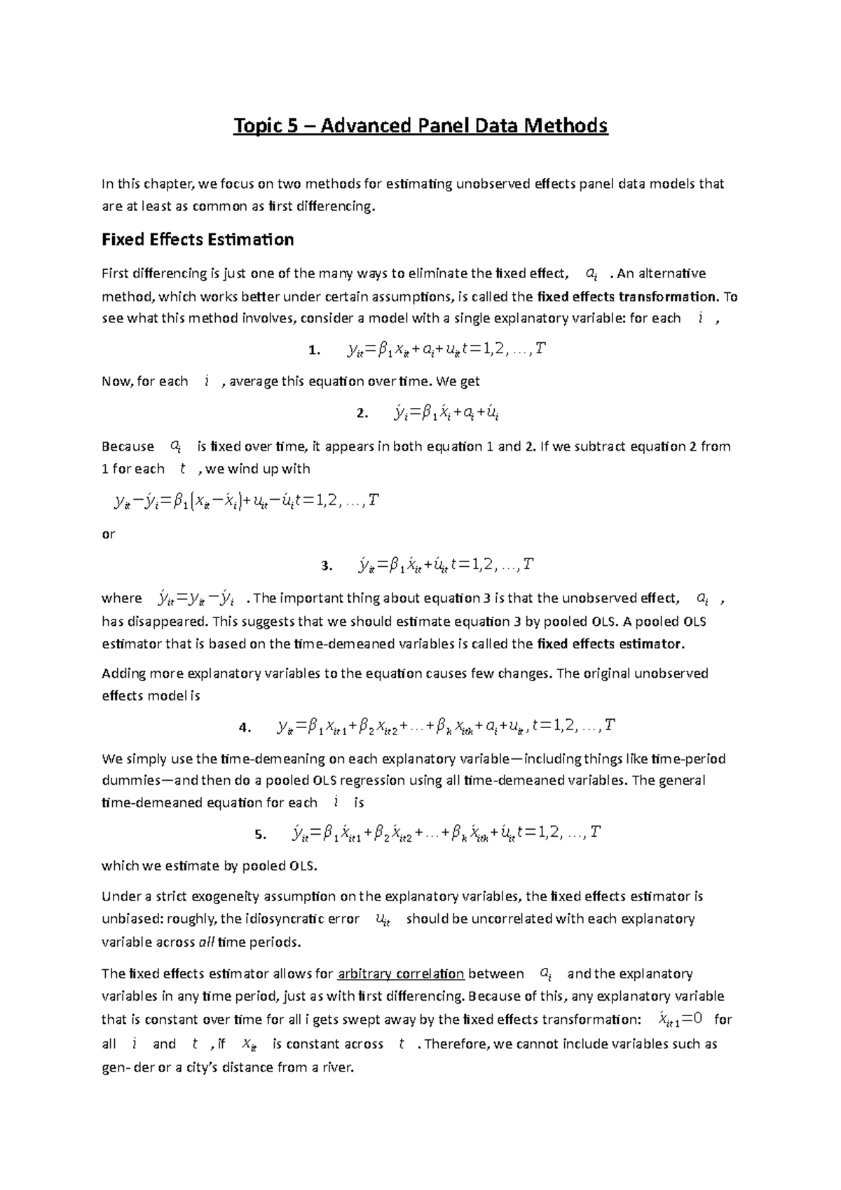 Topic 5: Advanced Techniques in Panel Data Analysis Methods - Studocu