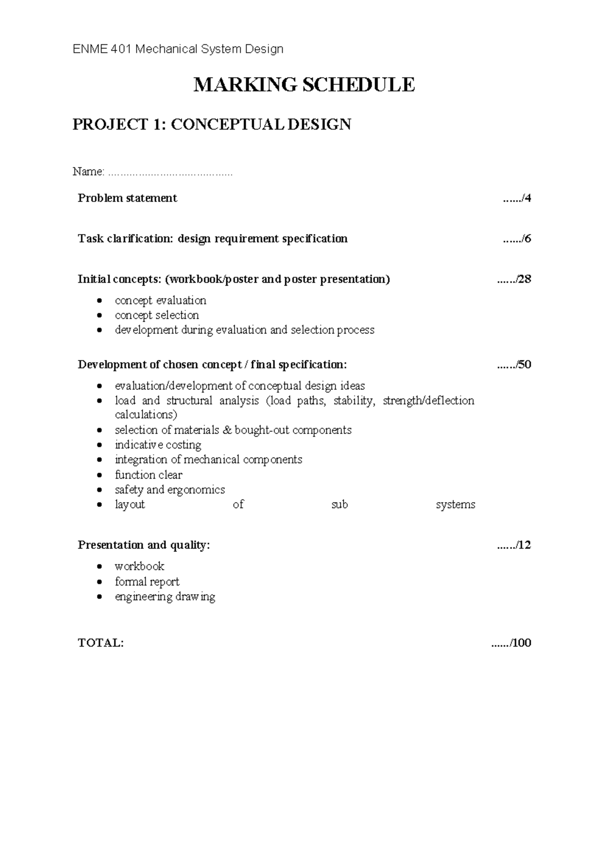 ENME401 Marking Schedule Conceptual Design - ENME 4 01 Mechanical ...