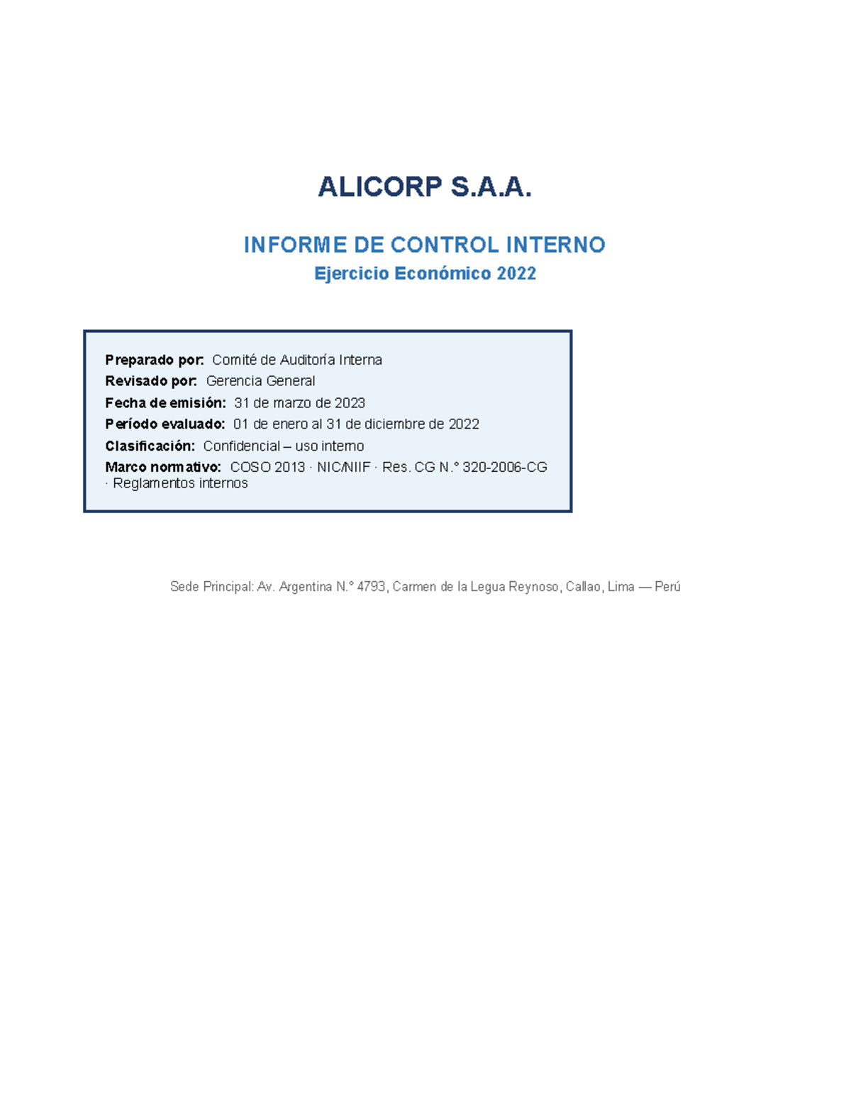 Informe de Control Interno ALICORP S.A.A. 2022 - Studocu