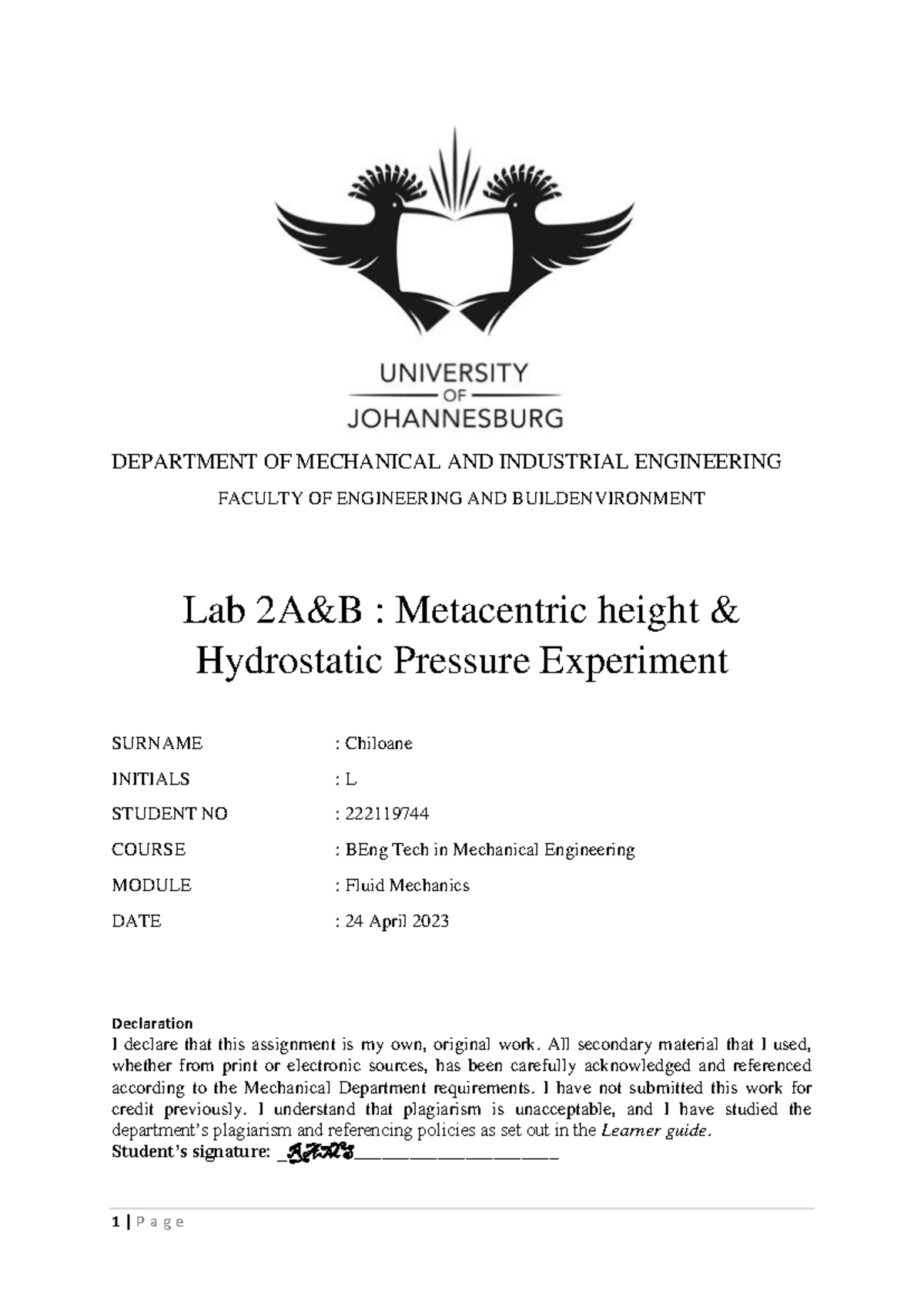 Fluid Mechanics 2A Lab Report: Hydrostatic Pressure & Metacentric ...