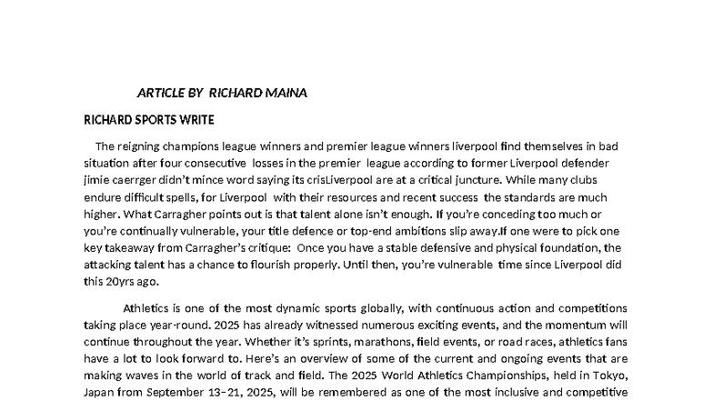Article: Liverpool's Struggles & 2025 Athletics Highlights by Richard ...