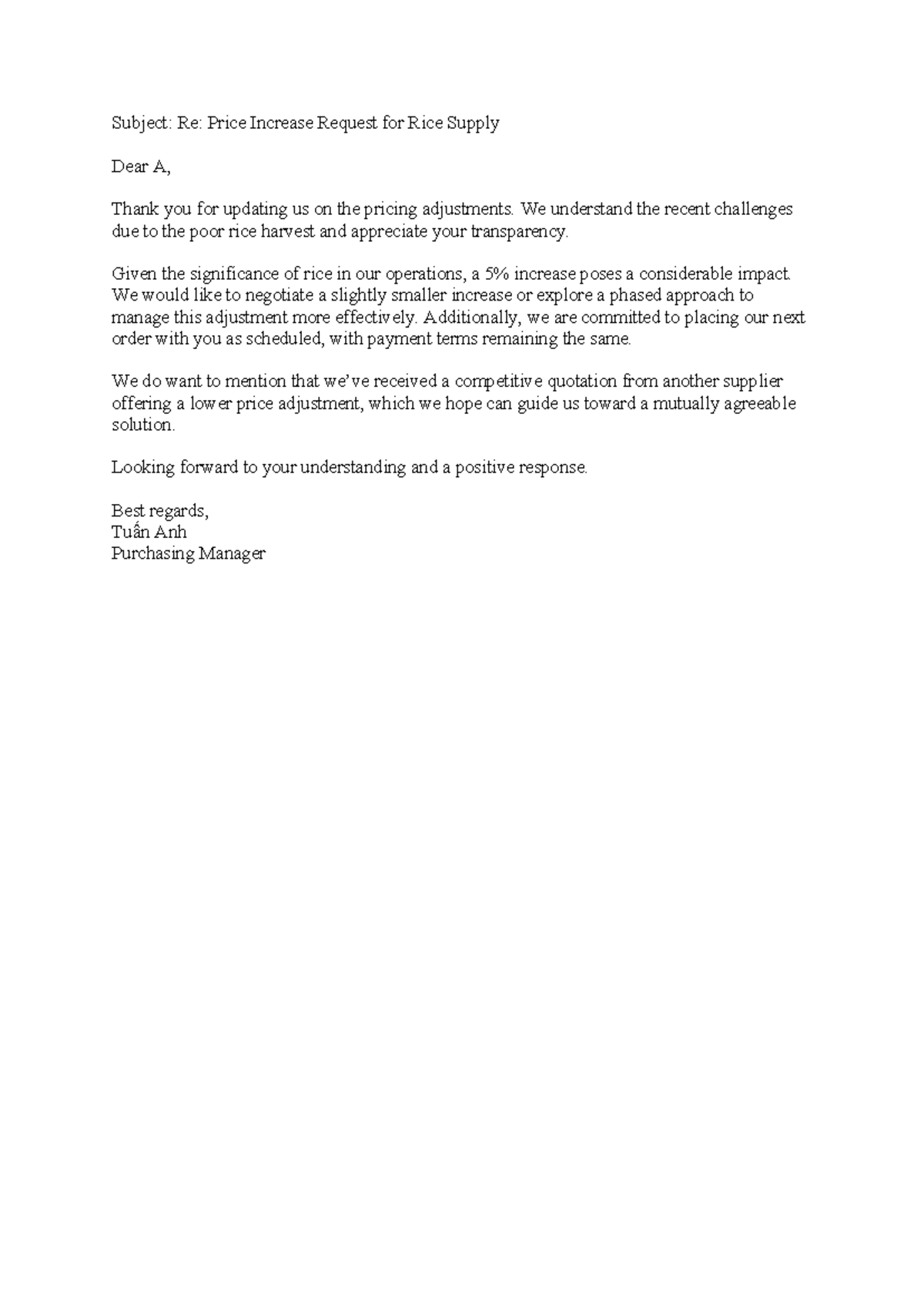 U6-tatm 1 - Response to Price Increase Request for Rice Supply - Studocu