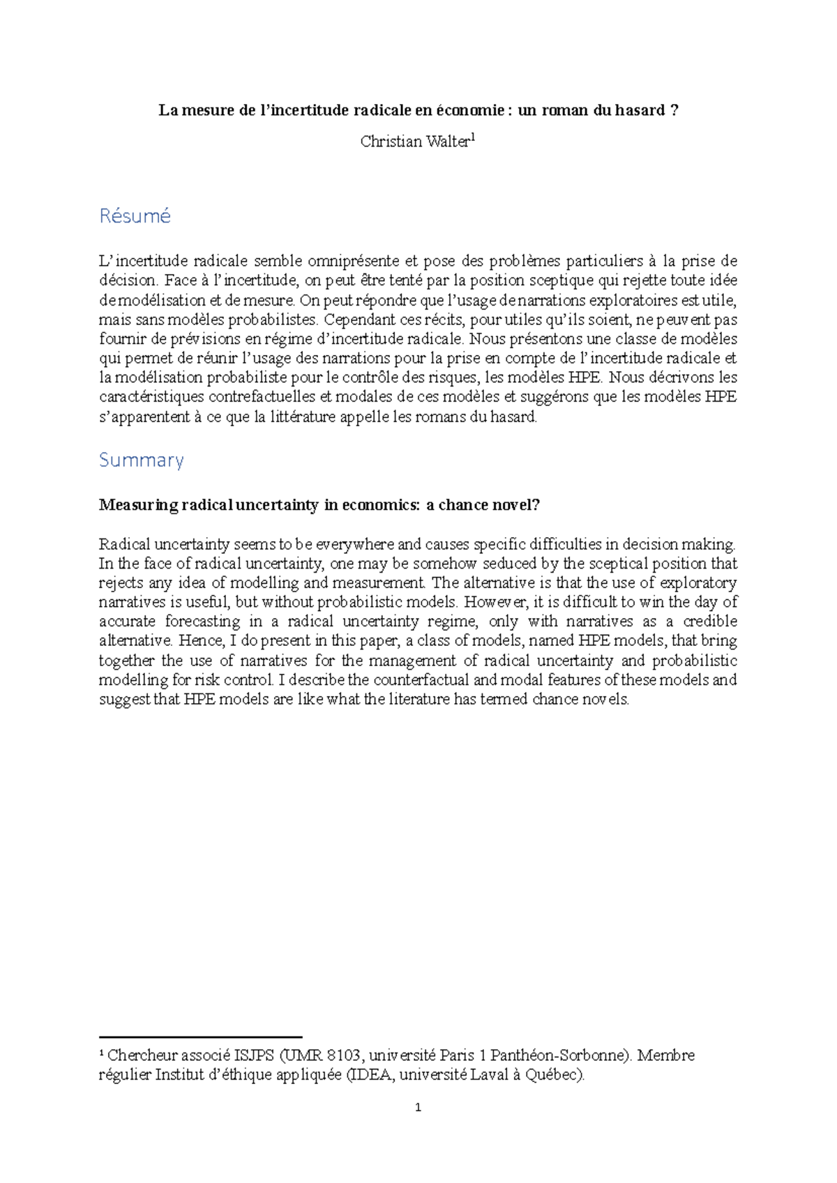 Incertitude radicale en économie : Modèles HPE et récits exploratoires ...