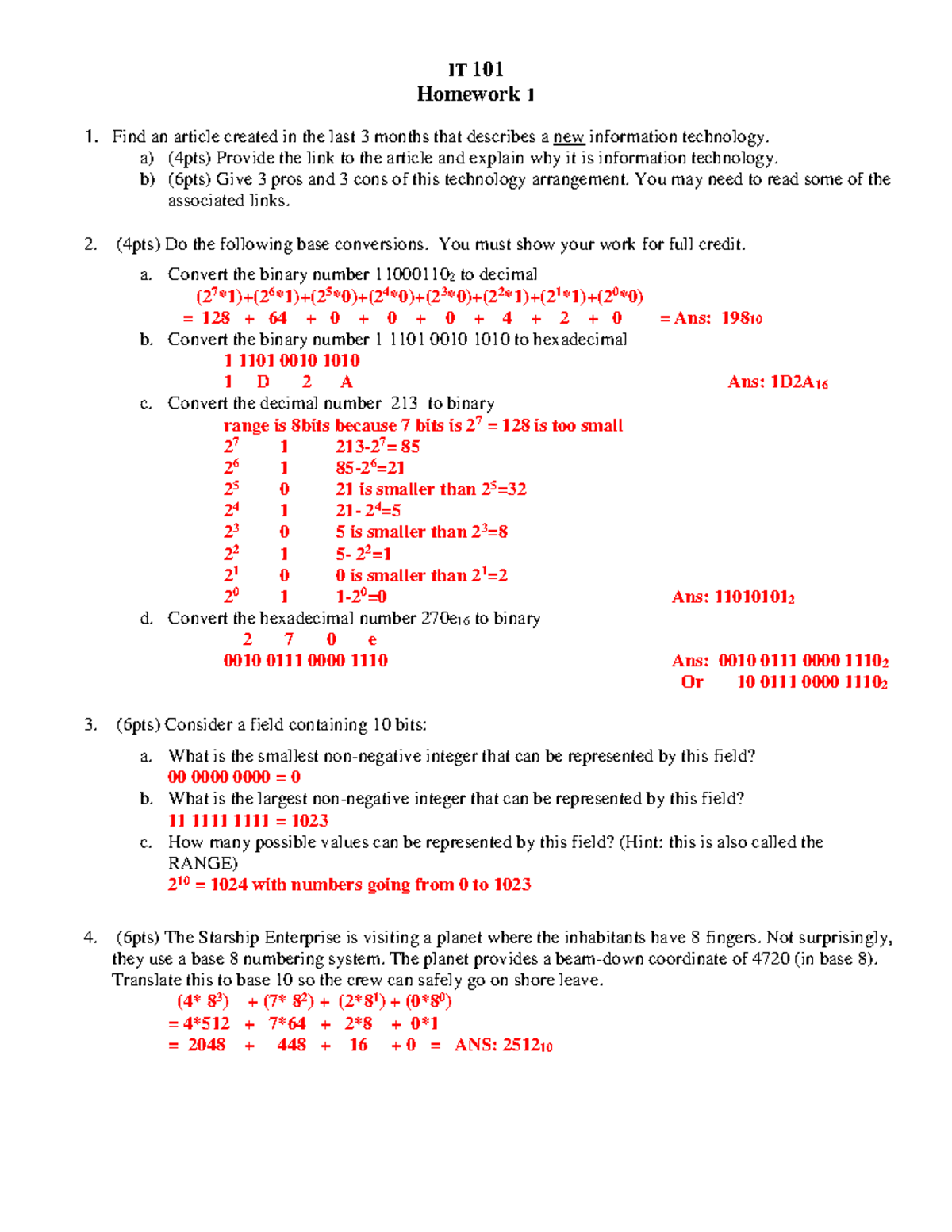 IT101-HW1-S2022ANS - Detailed Answer Key for Homework 1 - Studocu