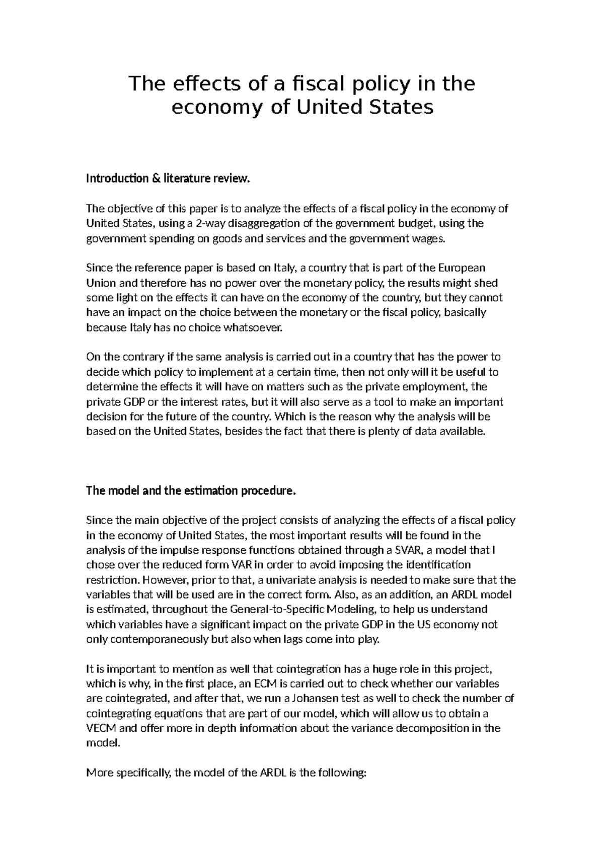 The Effects of Fiscal Policy on the US Economy: Final Project Analysis ...