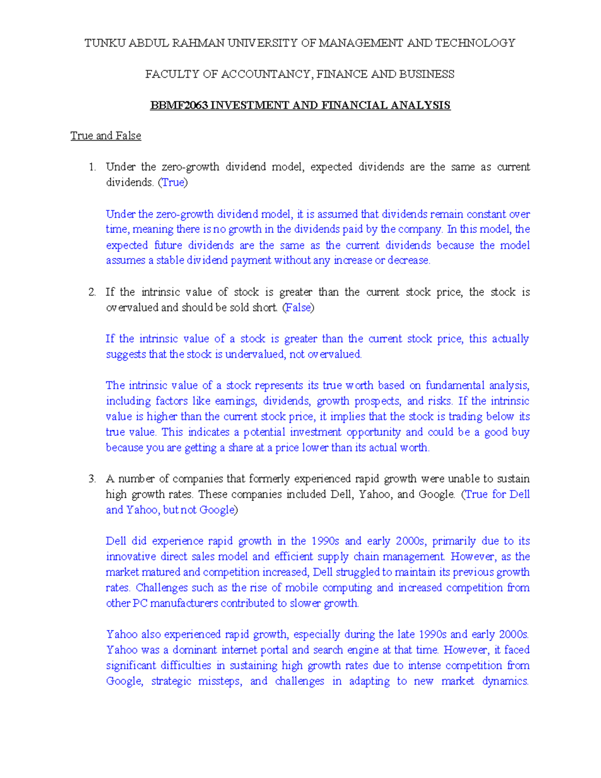 BBMF2063 Investment & Fin. Analysis Tutorial 6: True/False Questions and  Analysis - Studocu