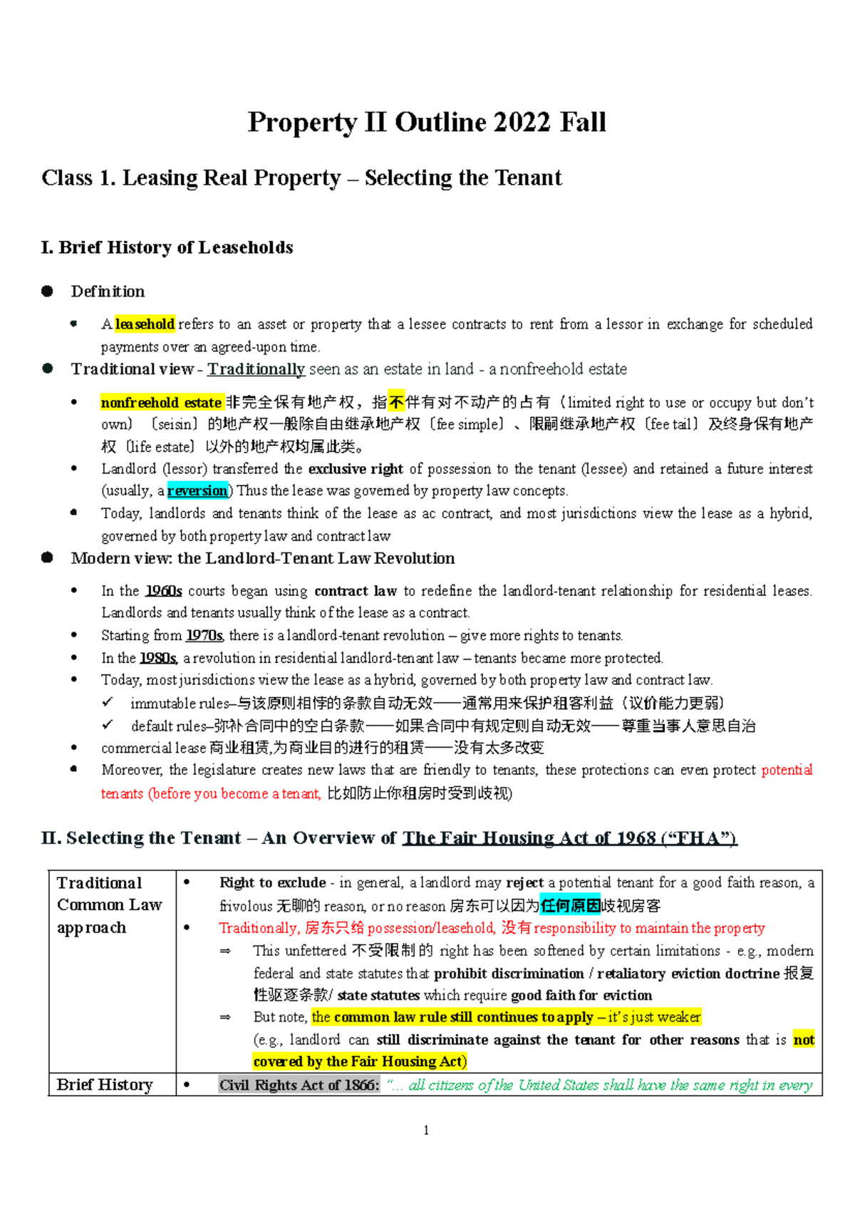 Property II （精简版本） - Property II Outline 2022 Fall Class 1. Leasing ...