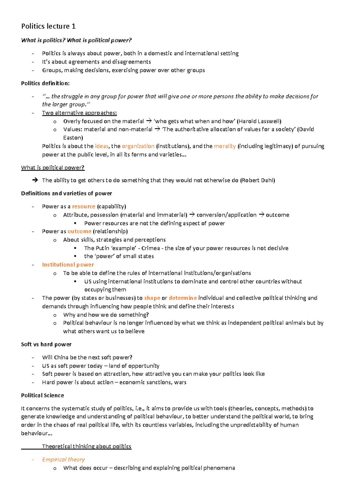 Politics Lecture 1 Notes: Exploring Power & Theories in Political ...
