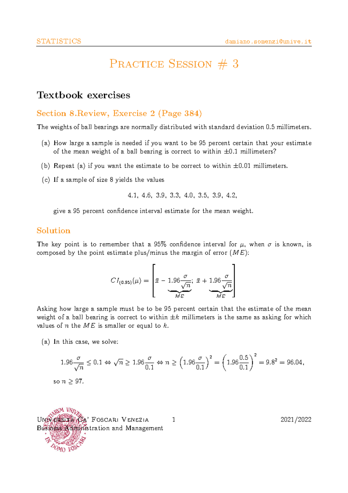 Statistics practice exercises - Practice Session # 3 Textbook exercises ...