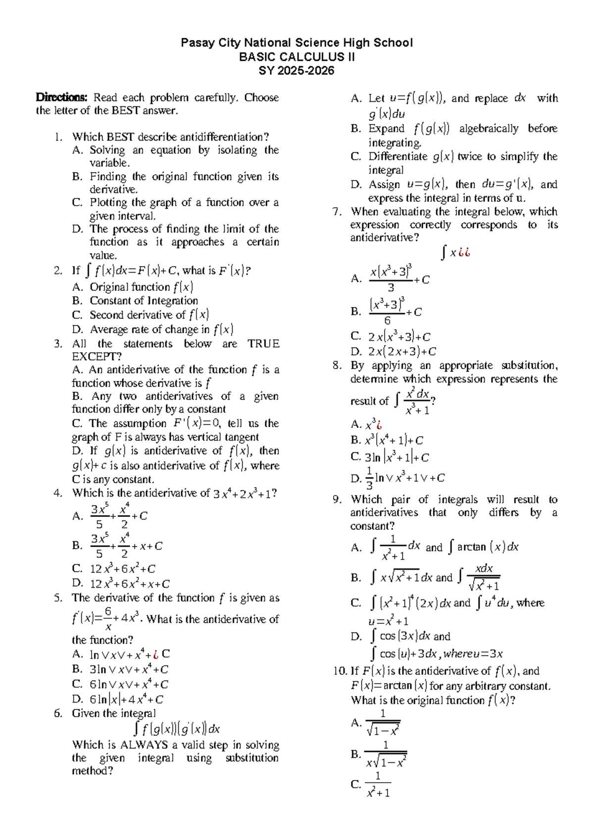 BASIC CALCULUS II SY: Antidifferentiation and Riemann Sums Practice ...