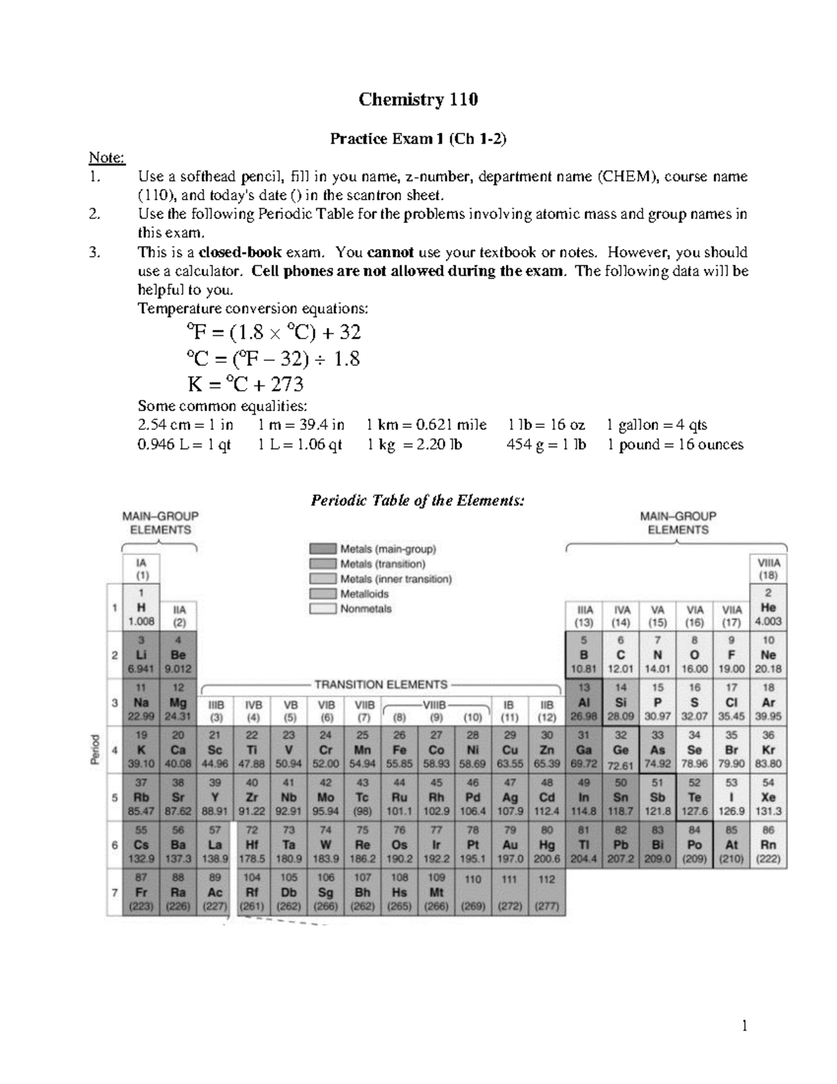 CHEM110-Practice Exam 1: Chapters 1-2 Review Questions - Studocu