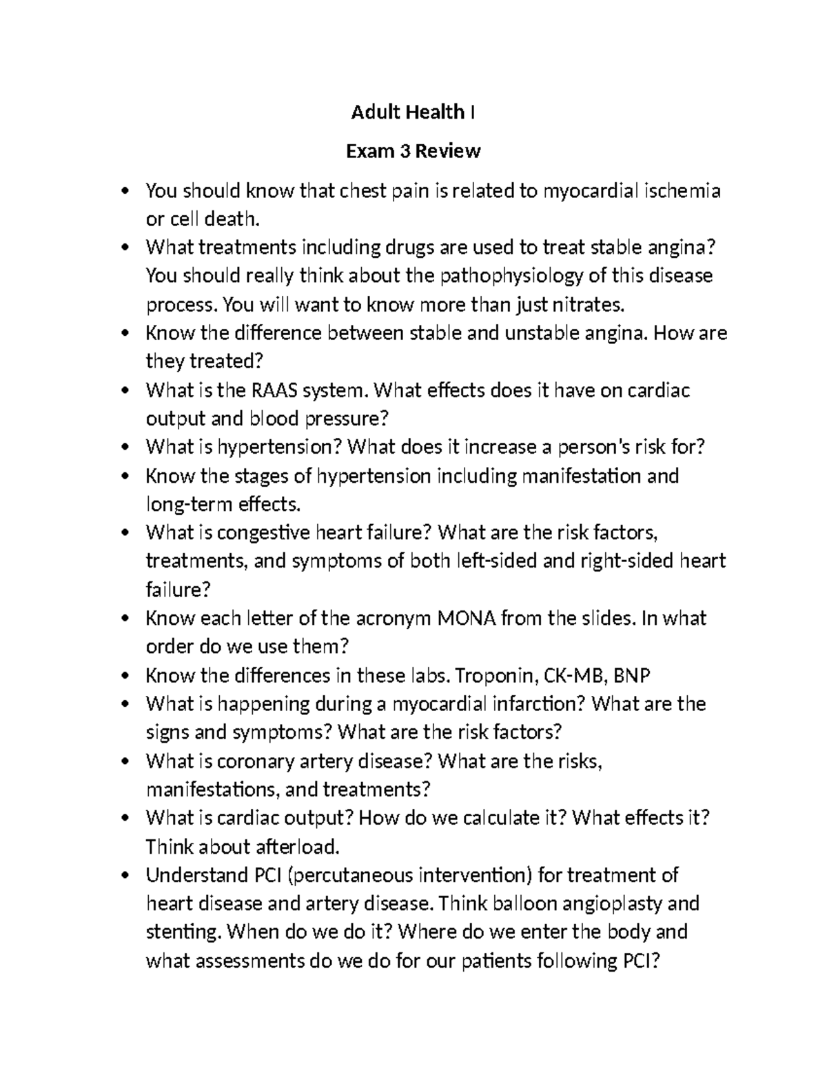 Adult Health I Exam 3 Review: Key Concepts in Cardiac Care - Studocu