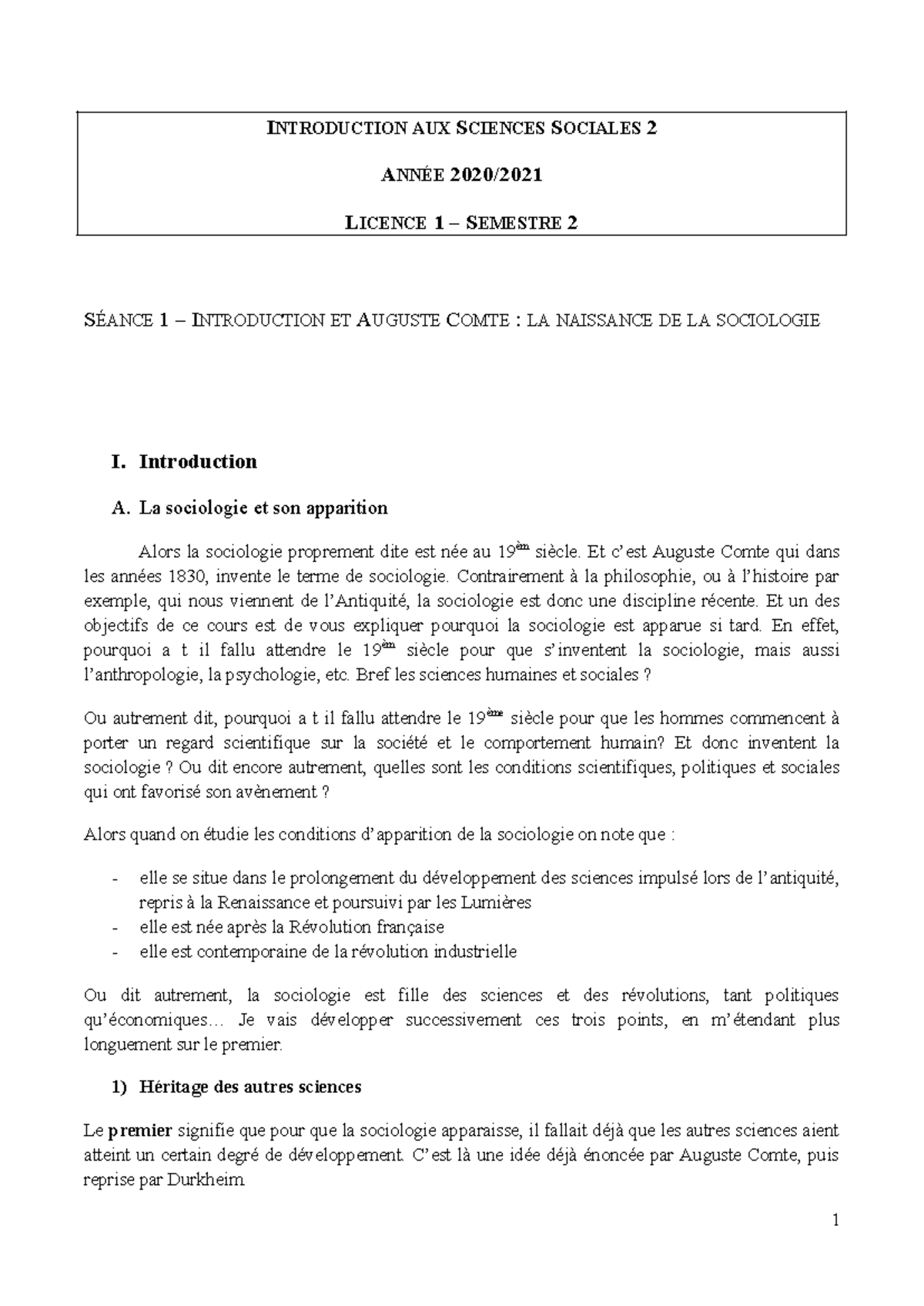 Introduction aux Sciences Sociales 2 : La Naissance de la Sociologie et ...