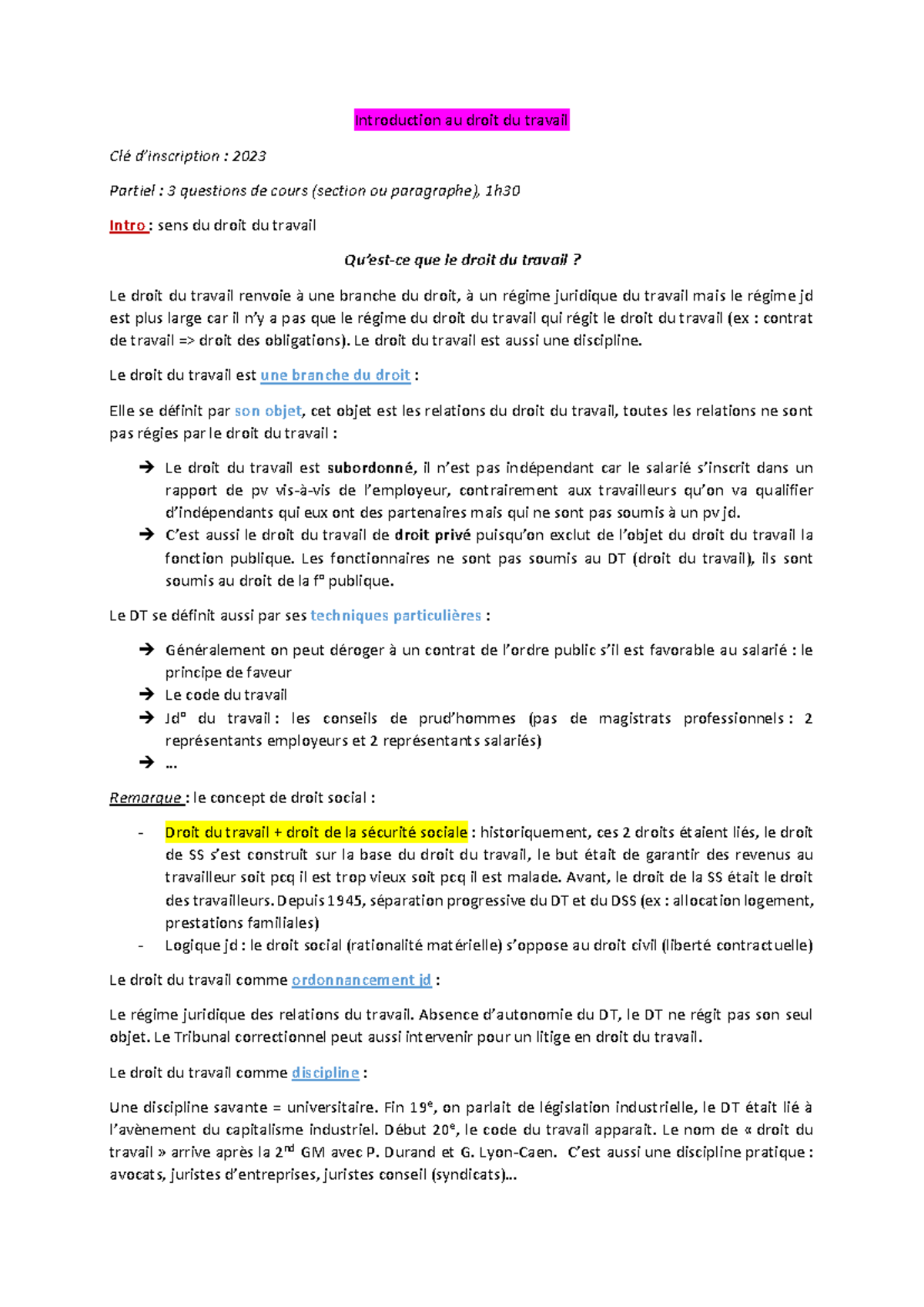Introduction au Droit du Travail - Clé 2023 : Partiel et Concepts ...