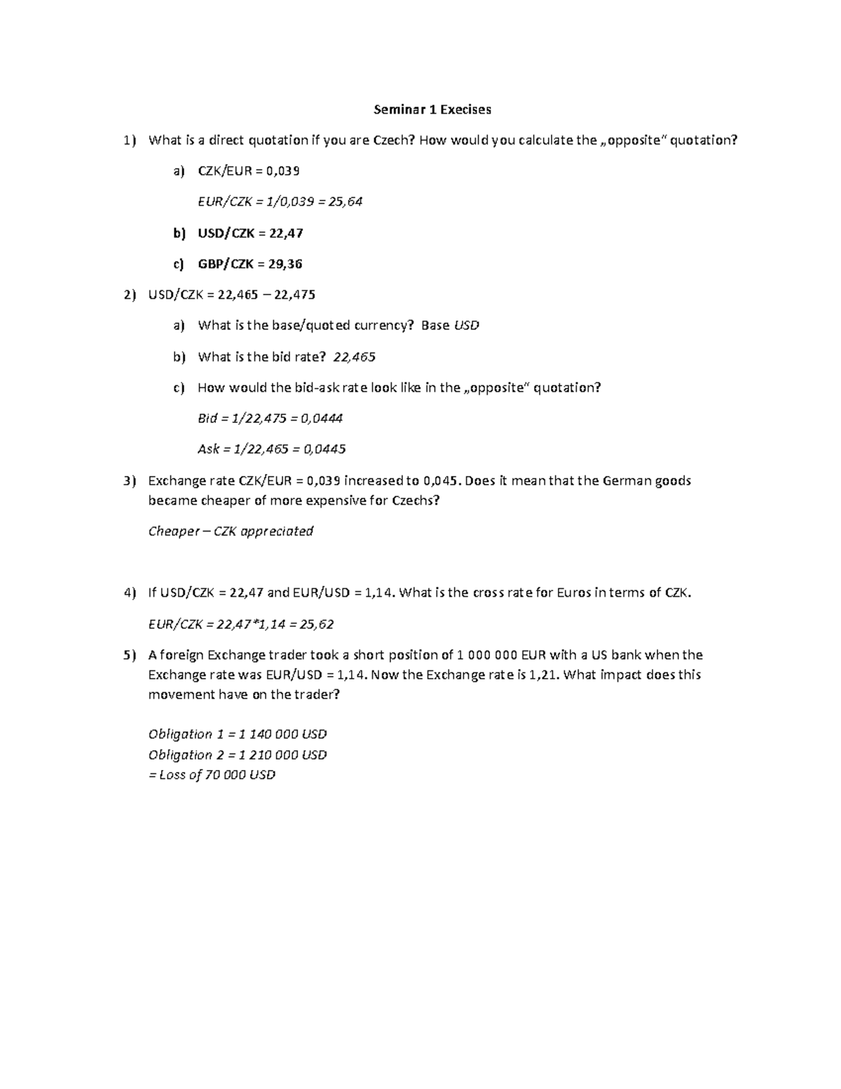 Seminar 1 Solved - Answers to Exercises on Currency Quotation - Studocu