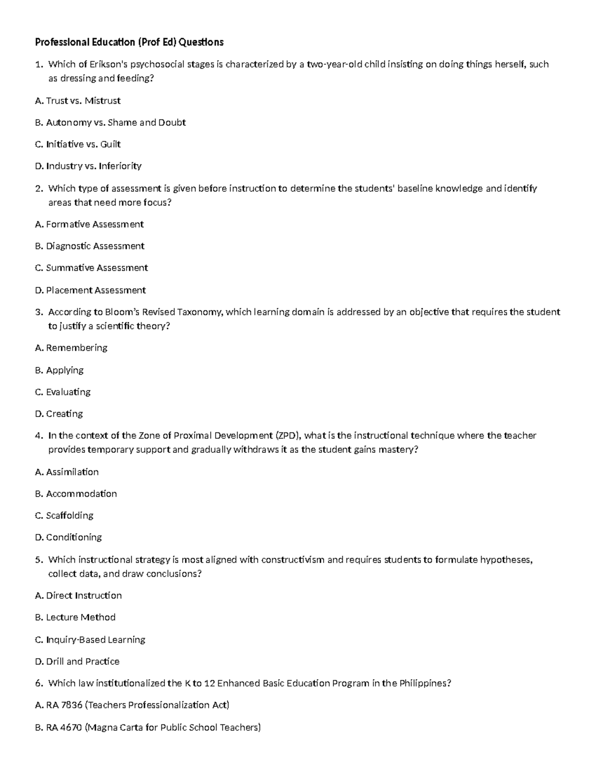 100-Item Practice Quiz for LET (Prof Ed) Set 001 - Studocu